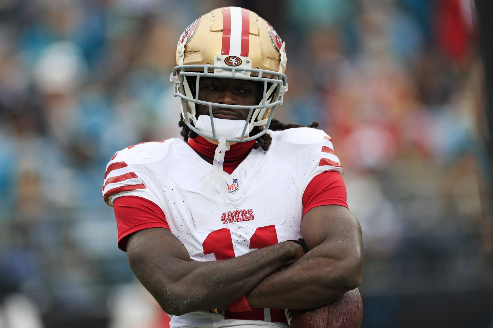 San Francisco 49ers wide receiver Brandon Aiyuk (11) reacts to his touchdown score during the first quarter of an NFL football game Sunday, Nov. 12, 2023 at EverBank Stadium in Jacksonville, Fla. The San Francisco 49ers defeated the Jacksonville Jaguars 34-3.