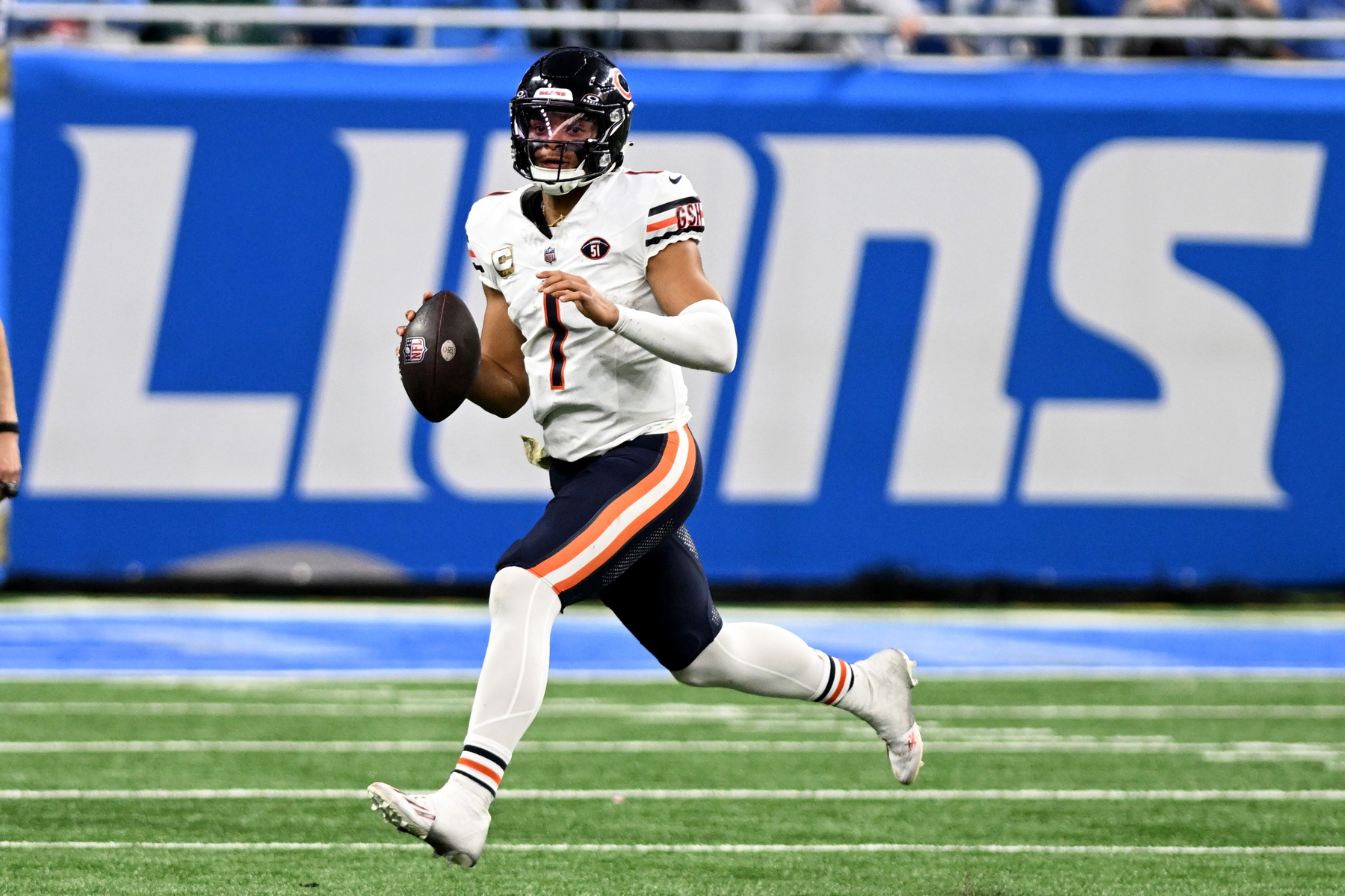 Nov 19, 2023; Detroit, Michigan, USA; Chicago Bears quarterback Justin Fields (1) looks to throw a pass against the Detroit Lions in the third quarter at Ford Field.