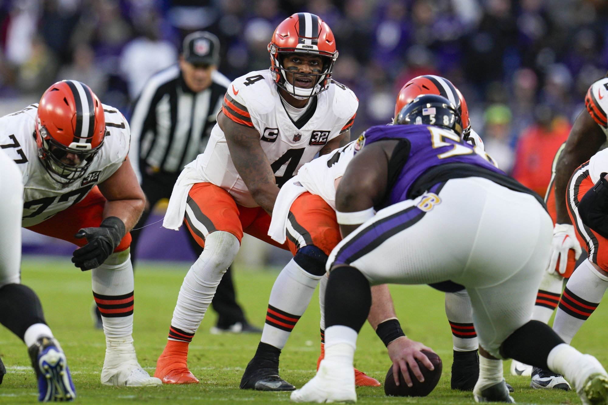 Nov 12, 2023; Baltimore, Maryland, USA; Cleveland Browns quarterback Deshaun Watson (4) calls out to teammates before the snap against the Baltimore Ravens during the second half at M&T Bank Stadium.