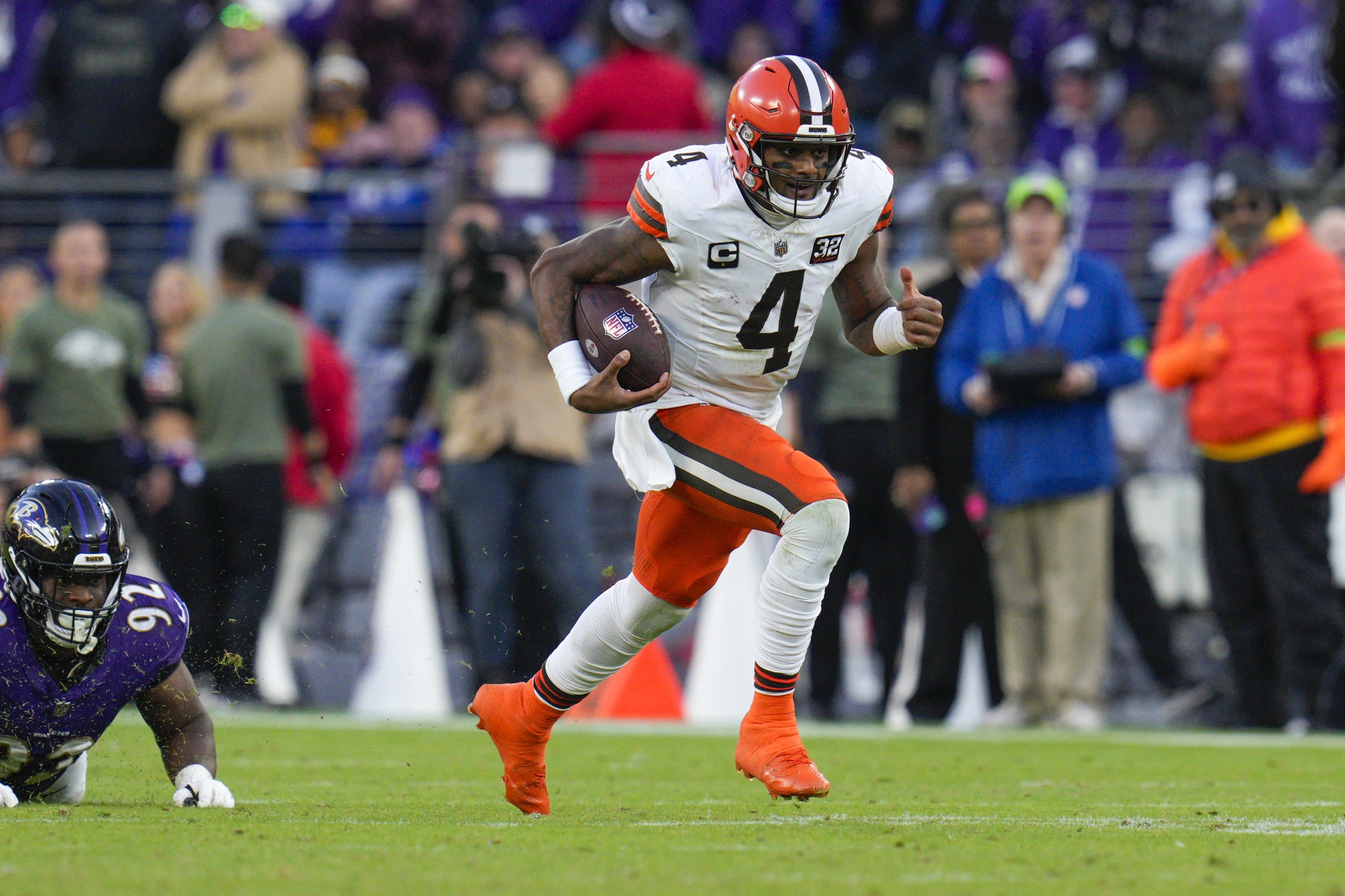 Nov 12, 2023; Baltimore, Maryland, USA; Cleveland Browns quarterback Deshaun Watson (4) runs with the ball during the second half against the Baltimore Ravens at M&T Bank Stadium.