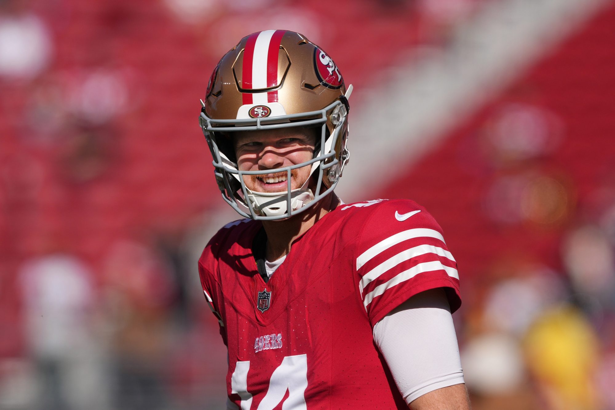 Nov 19, 2023; Santa Clara, California, USA; San Francisco 49ers quarterback Sam Darnold (14) before the game against the Tampa Bay Buccaneers at Levi's Stadium.