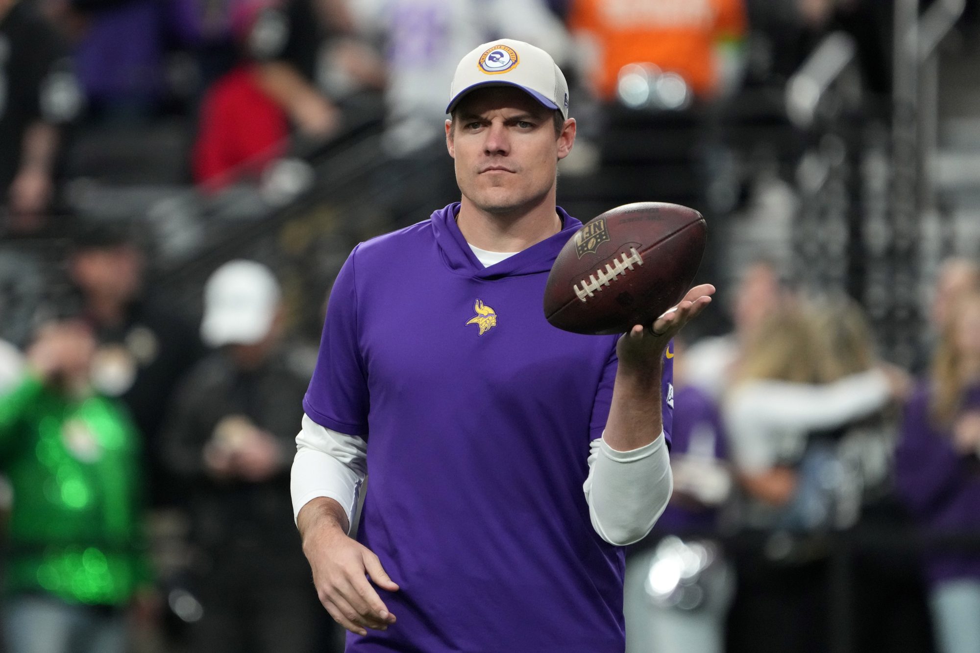 Dec 10, 2023; Paradise, Nevada, USA; Minnesota Vikings coach Kevin O'Connell reacts during the game against the Las Vegas Raiders at Allegiant Stadium.