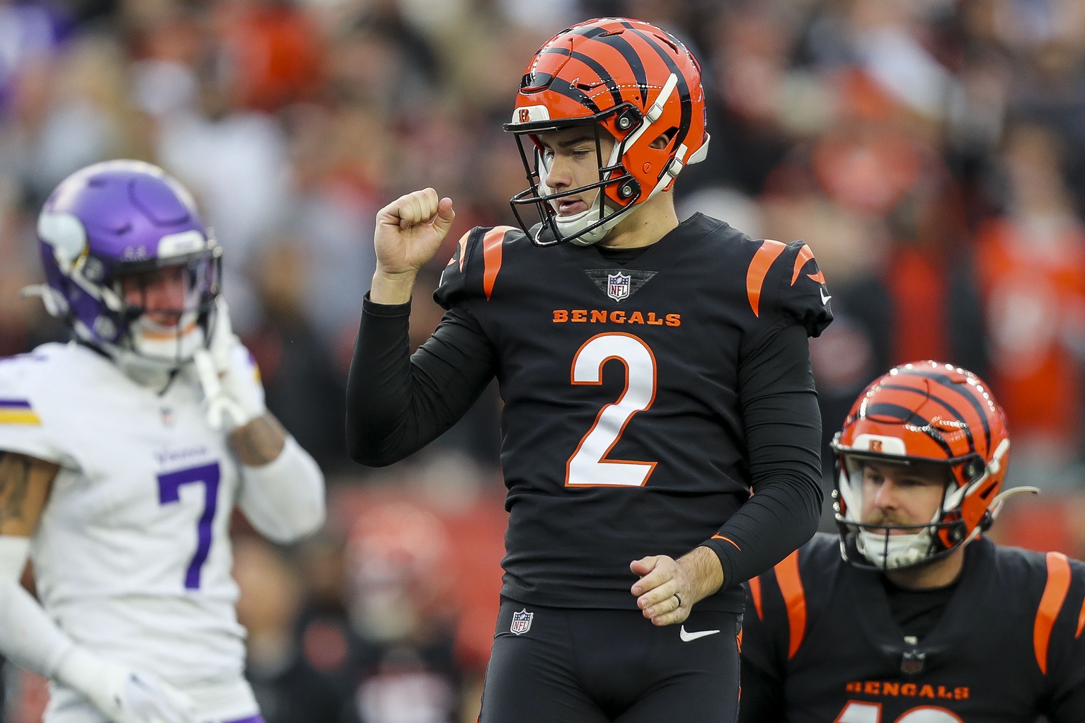 Dec 16, 2023; Cincinnati, Ohio, USA; Cincinnati Bengals place kicker Evan McPherson (2) reacts after the victory over the Minnesota Vikings in overtime at Paycor Stadium.