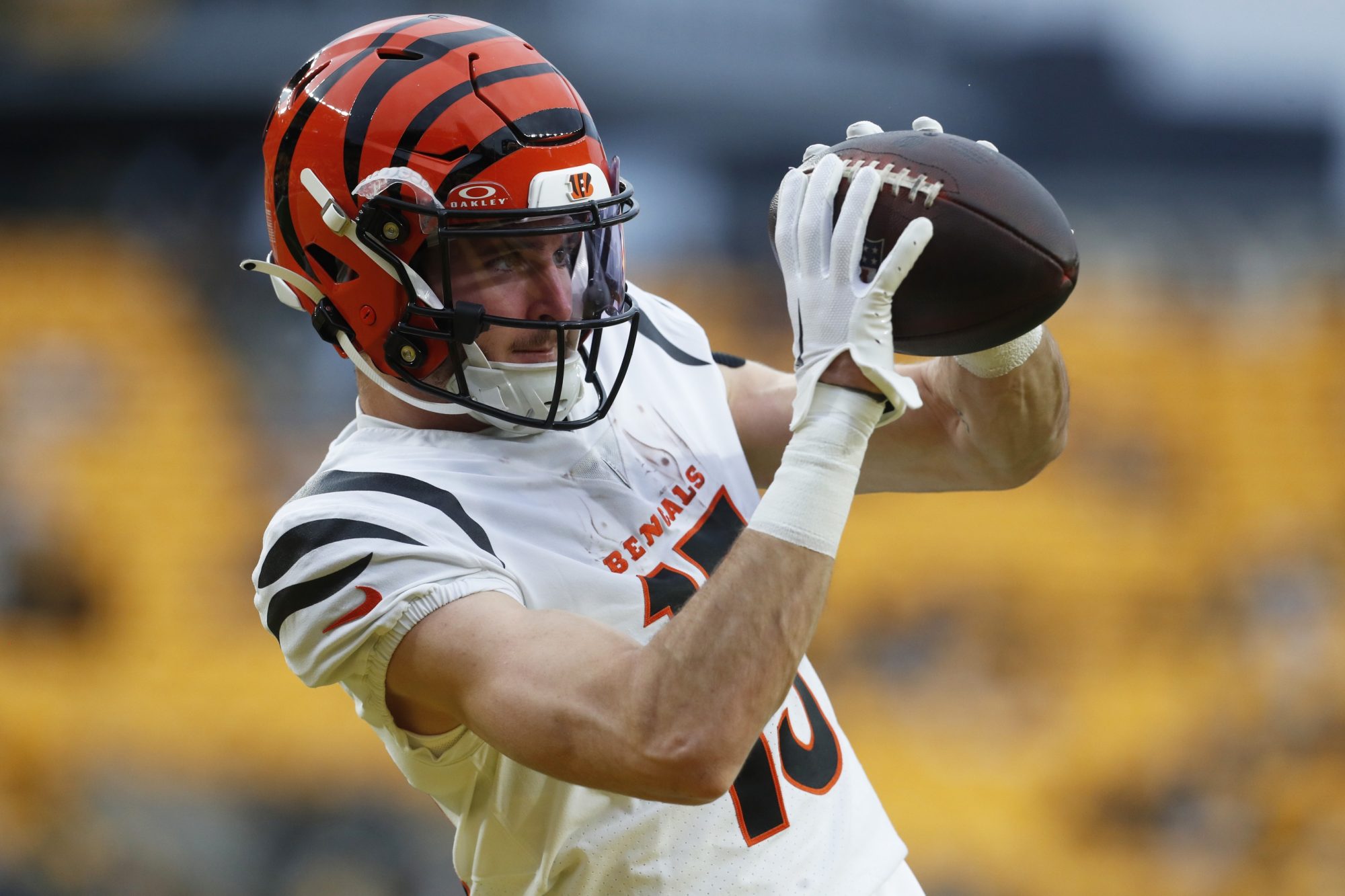 Dec 23, 2023; Pittsburgh, Pennsylvania, USA; Cincinnati Bengals wide receiver Charlie Jones (15) warms up before the game against the Pittsburgh Steelers at Acrisure Stadium.