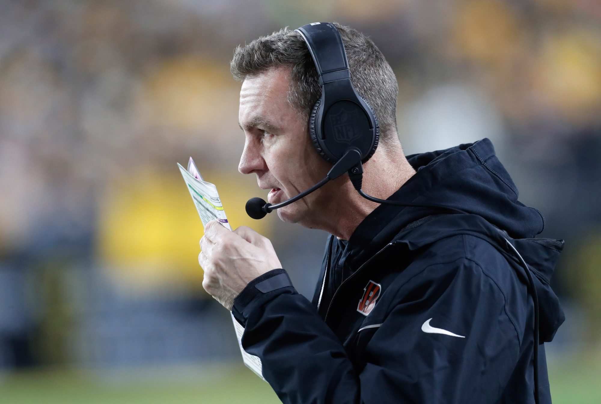 Dec 23, 2023; Pittsburgh, Pennsylvania, USA; Cincinnati Bengals quarterbacks coach Dan Pitcher on the sidelines against the Pittsburgh Steelers during the second quarter at Acrisure Stadium.