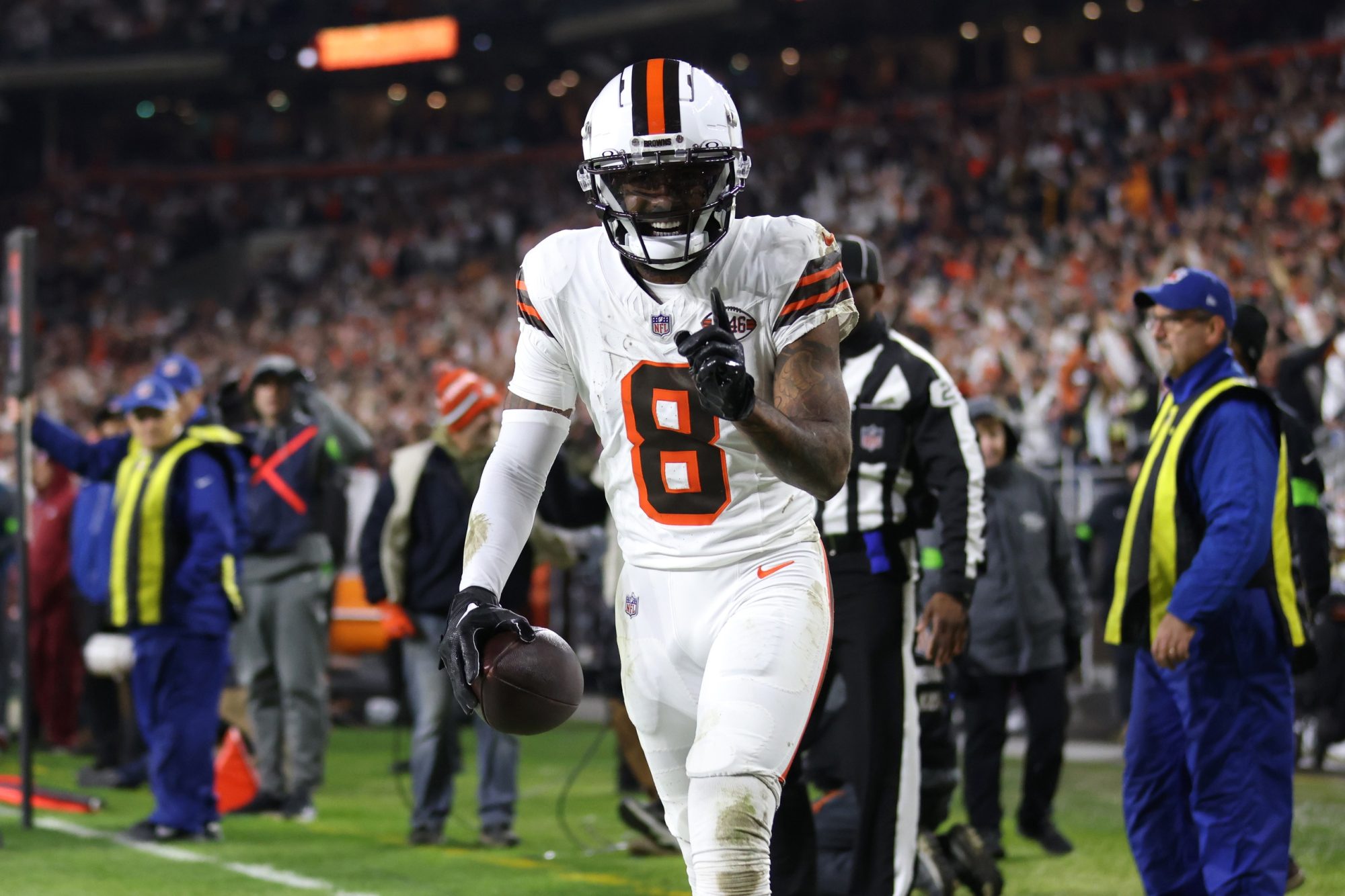 Dec 28, 2023; Cleveland, Ohio, USA; Cleveland Browns wide receiver Elijah Moore (8) celebrates after a touchdown during the first half against the New York Jets at Cleveland Browns Stadium.