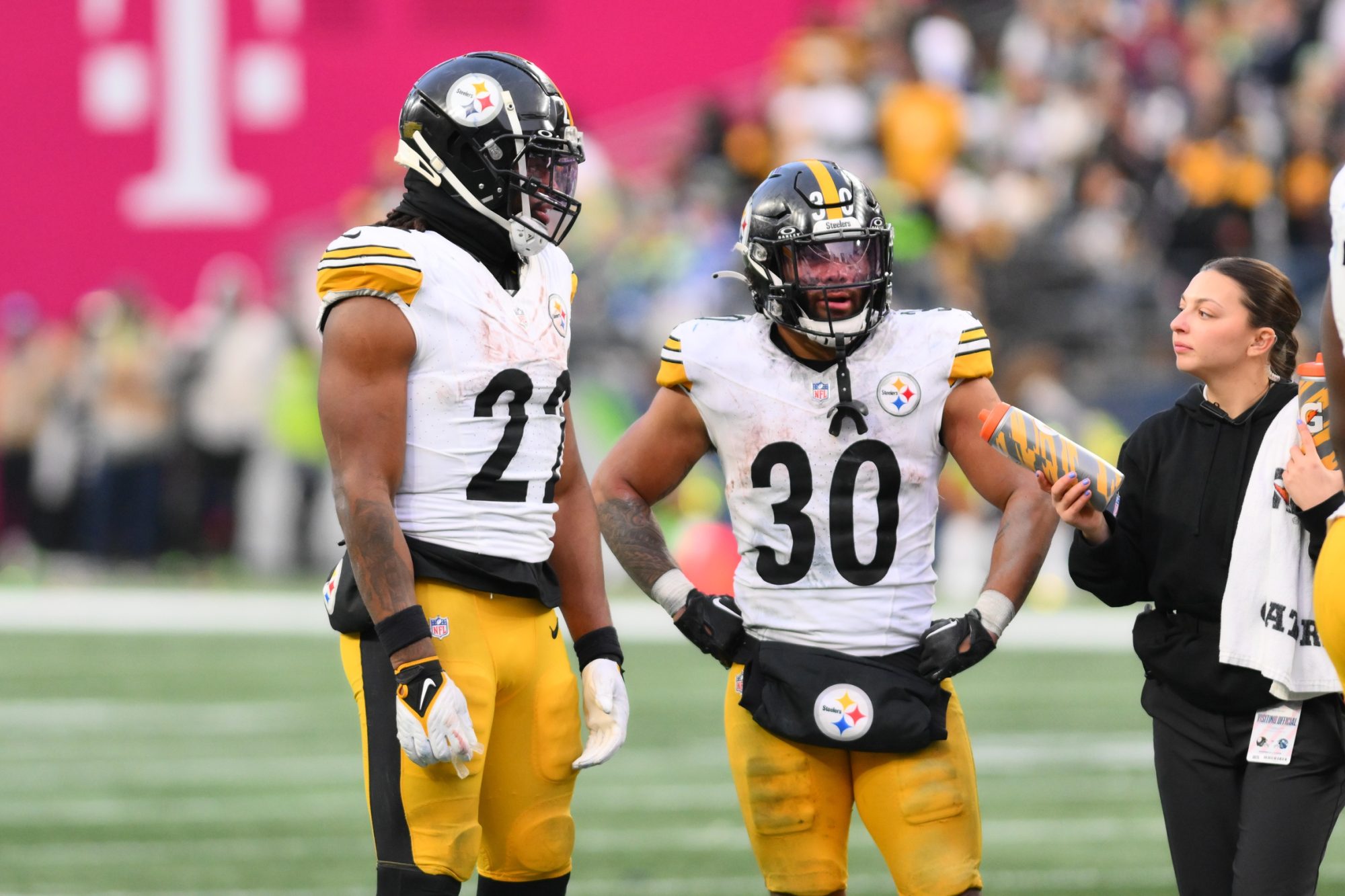 Dec 31, 2023; Seattle, Washington, USA; Pittsburgh Steelers running back Najee Harris (22) and Pittsburgh Steelers running back Jaylen Warren (30) during the second half against the Seattle Seahawks at Lumen Field.