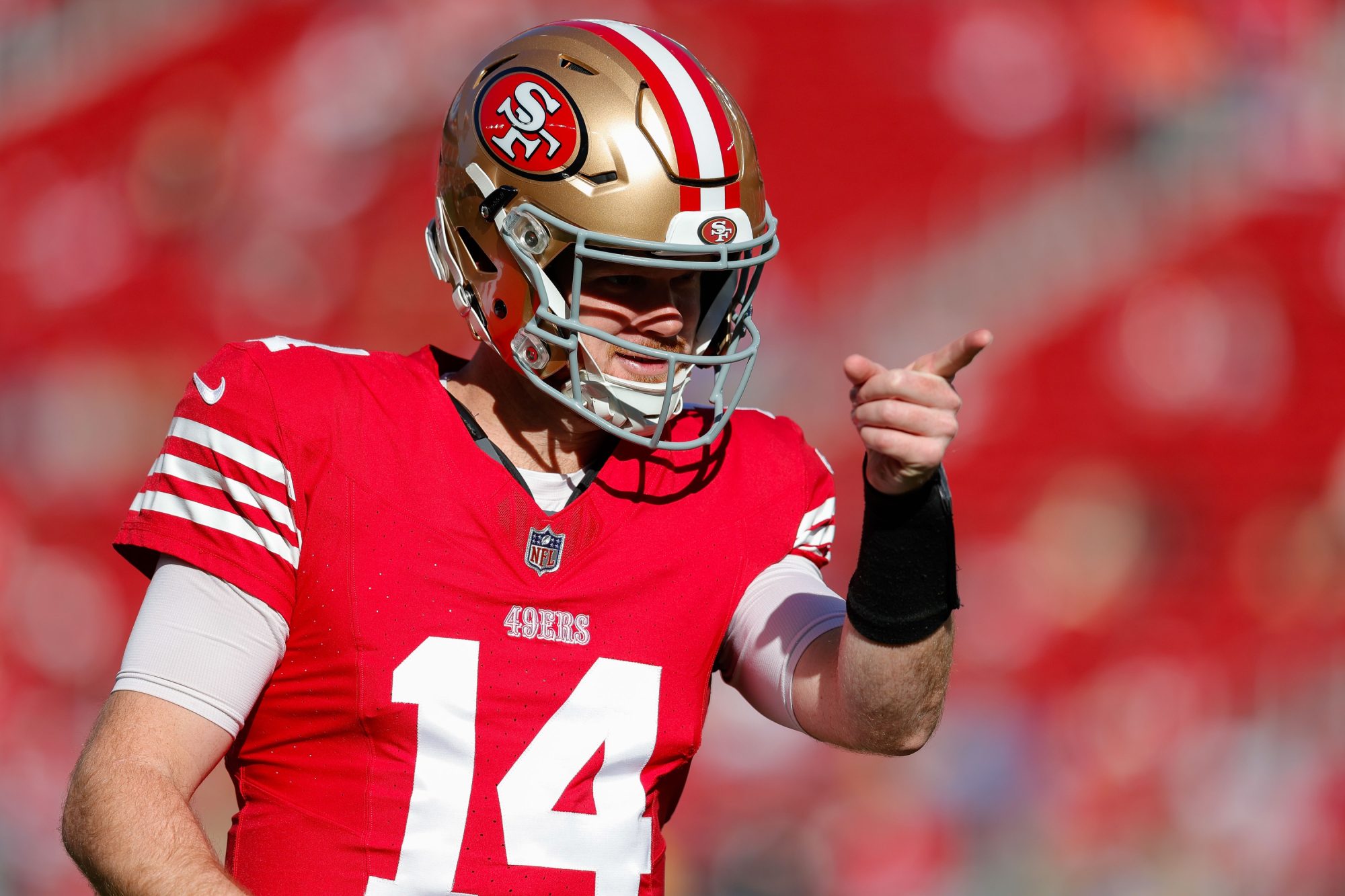 Jan 7, 2024; Santa Clara, California, USA; San Francisco 49ers quarterback Sam Darnold (14) before the game against the Los Angeles Rams at Levi's Stadium.