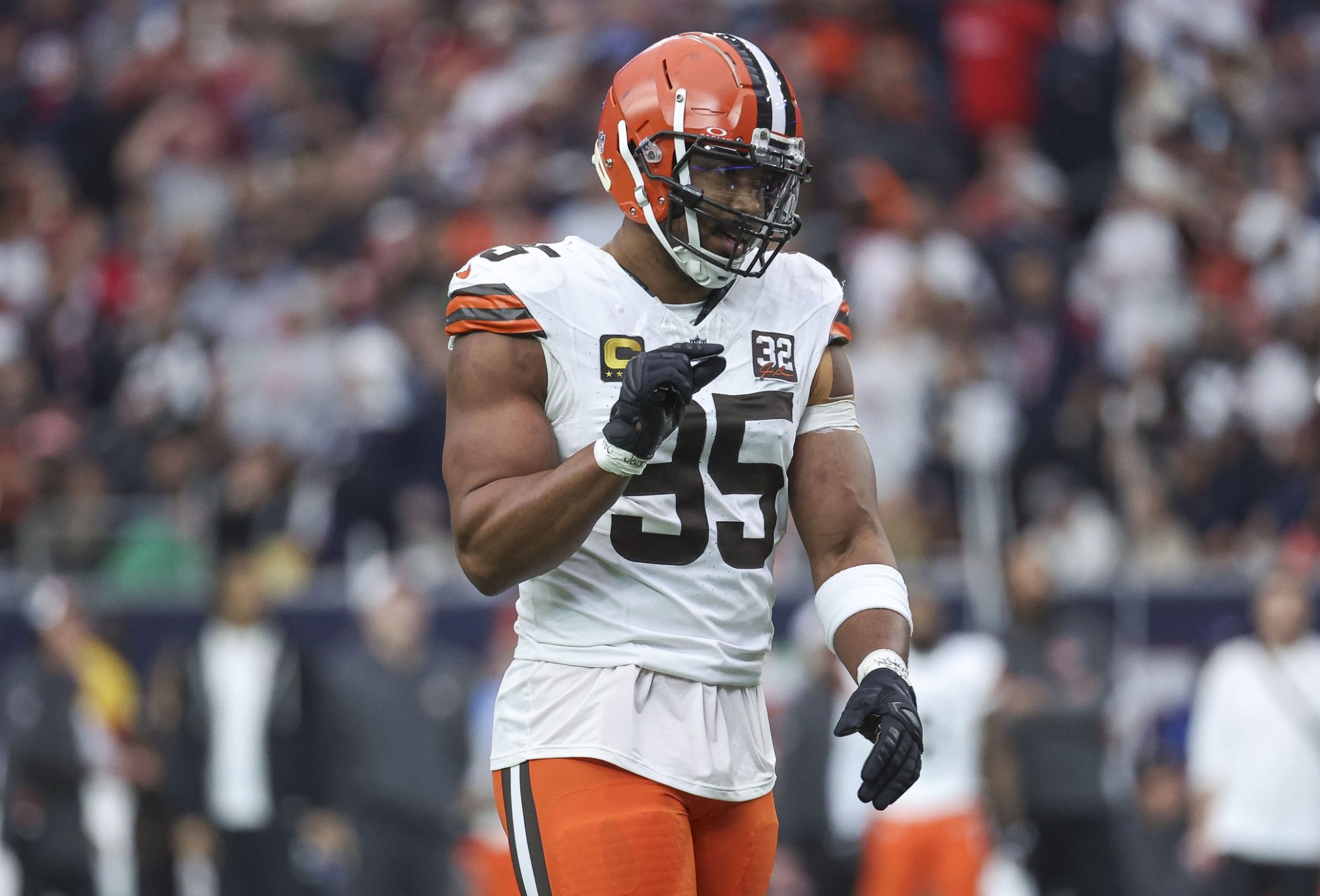 Jan 13, 2024; Houston, Texas, USA; Cleveland Browns defensive end Myles Garrett (95) reacts in a 2024 AFC wild card game against the Houston Texans at NRG Stadium.