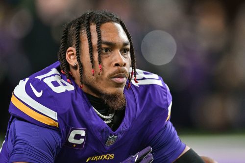 Dec 31, 2023; Minneapolis, Minnesota, USA; Minnesota Vikings wide receiver Justin Jefferson (18) warms up before the game against the Green Bay Packers at U.S. Bank Stadium.