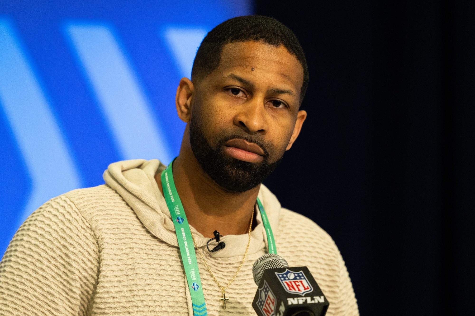 Feb 27, 2024; Indianapolis, IN, USA; Cleveland Browns Executive Vice President of Football Operations and General Manager Andrew Berry talks to the media at the 2024 NFL Combine at Indiana Convention Center.