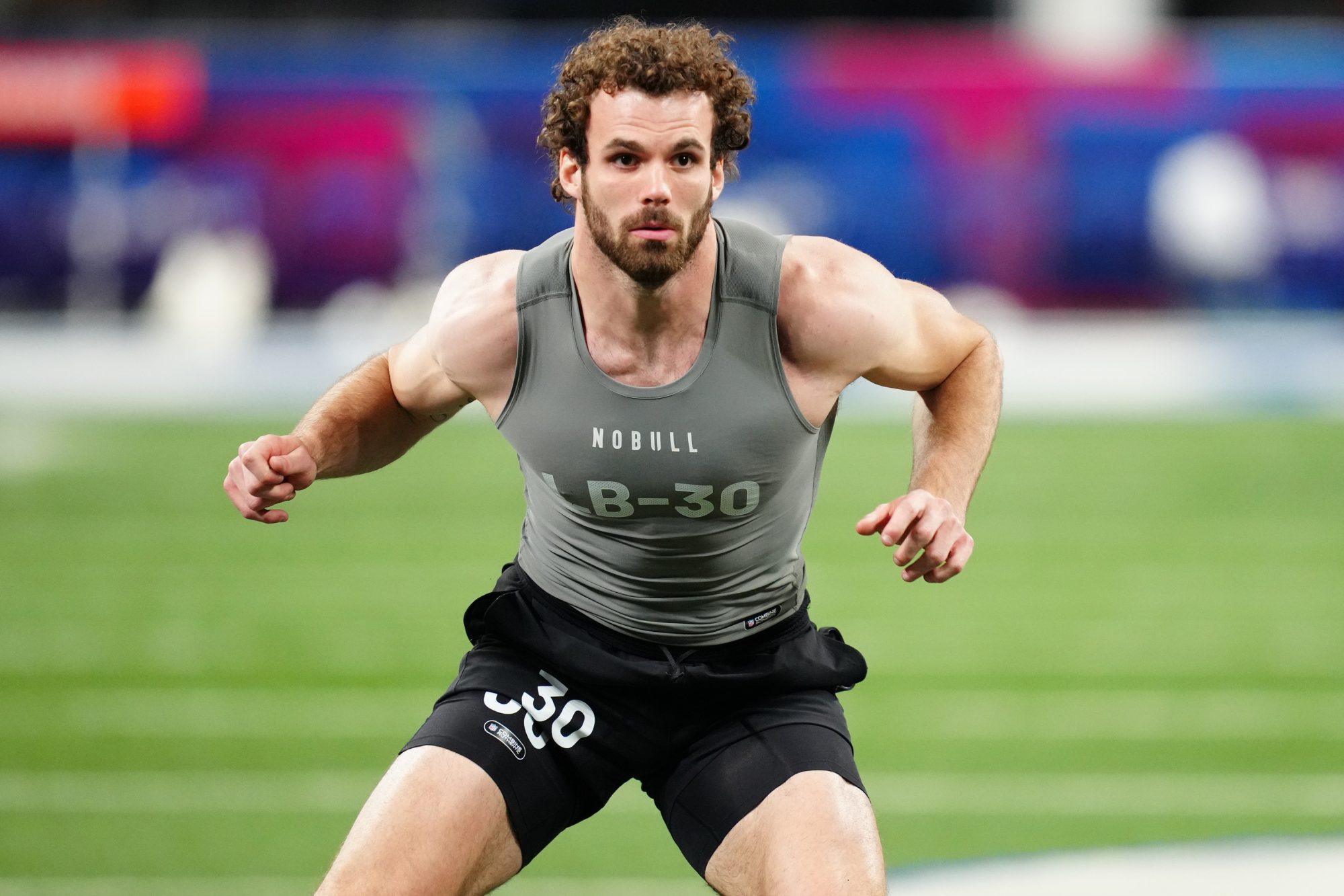 Feb 29, 2024; Indianapolis, IN, USA; North Carolina State linebacker Payton Wilson (LB30) works out during the 2024 NFL Combine at Lucas Oil Stadium.