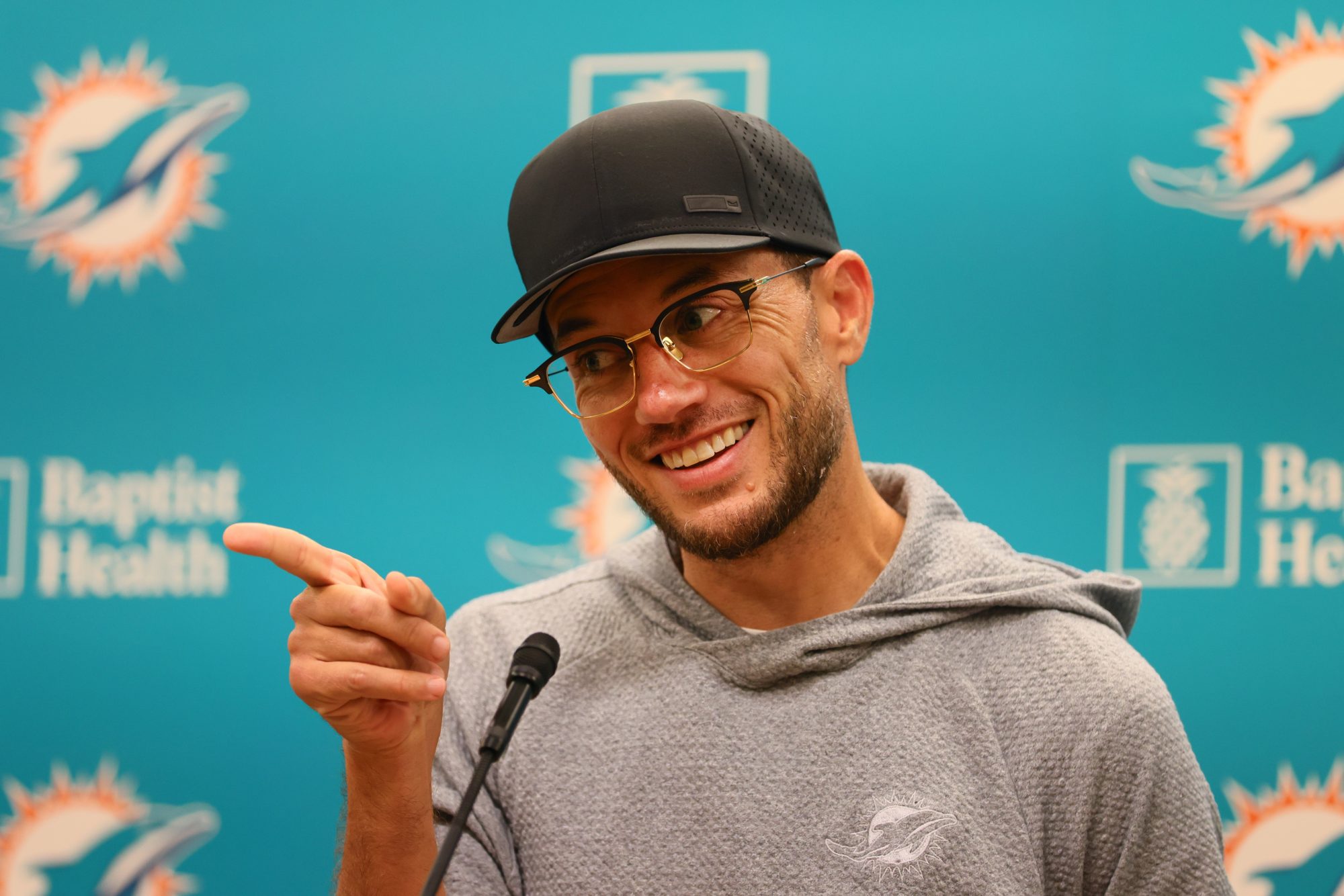 Jun 5, 2024; Miami Gardens, FL, USA; Miami Dolphins head coach Mike McDaniel speaks to reporters during mandatory minicamp at Baptist Health Training Complex.