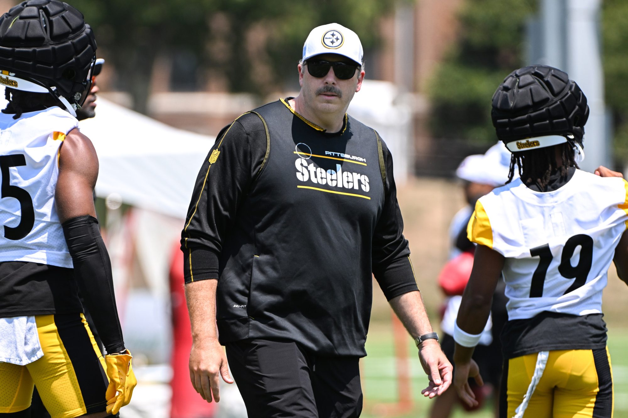 Jul 28, 2024; Latrobe, PA, USA; Pittsburgh Steelers offensive coordinator Arthur Smith participates in drills during training camp at Saint Vincent College.