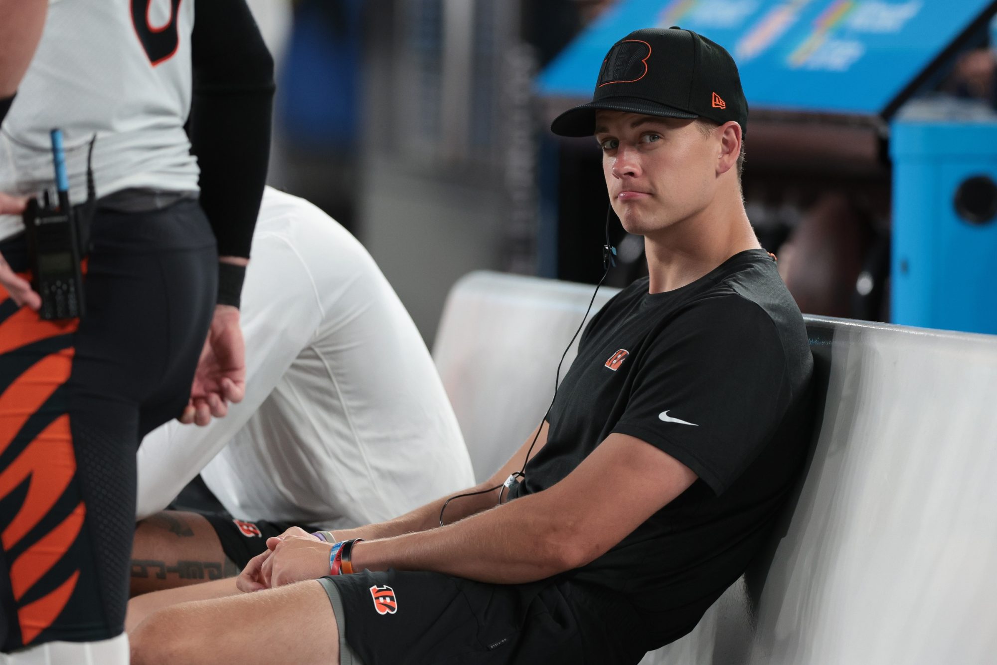 Aug 21, 2022; East Rutherford, New Jersey, USA; Cincinnati Bengals quarterback Joe Burrow (9) looks on from the sideline during the second half against the New York Giants at MetLife Stadium.