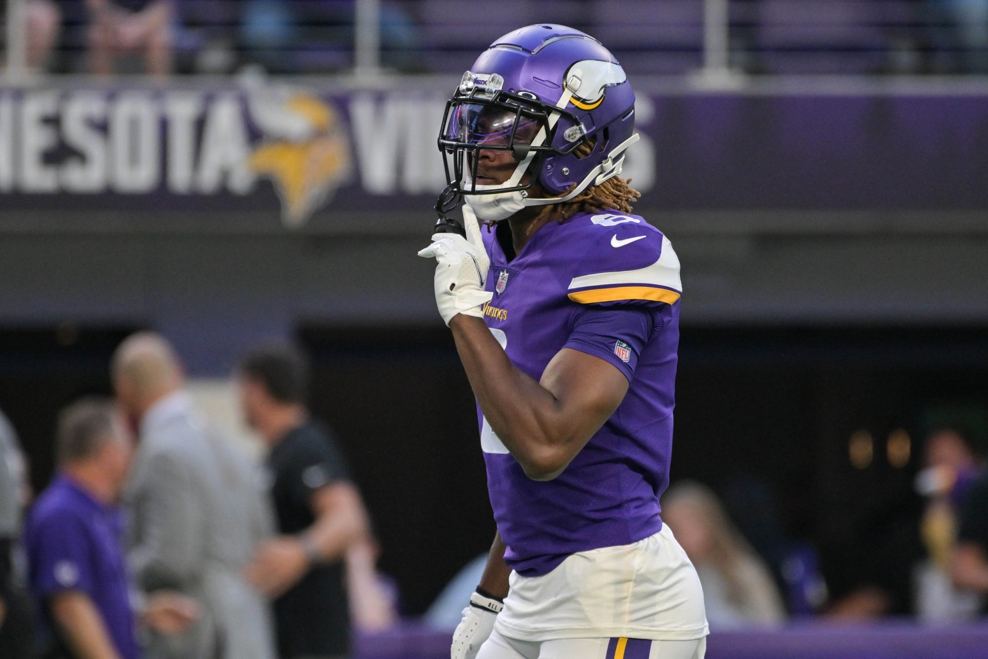 Aug 20, 2022; Minneapolis, Minnesota, USA; Minnesota Vikings safety Lewis Cine (6) warms up before the game against the San Francisco 49ers at U.S. Bank Stadium.