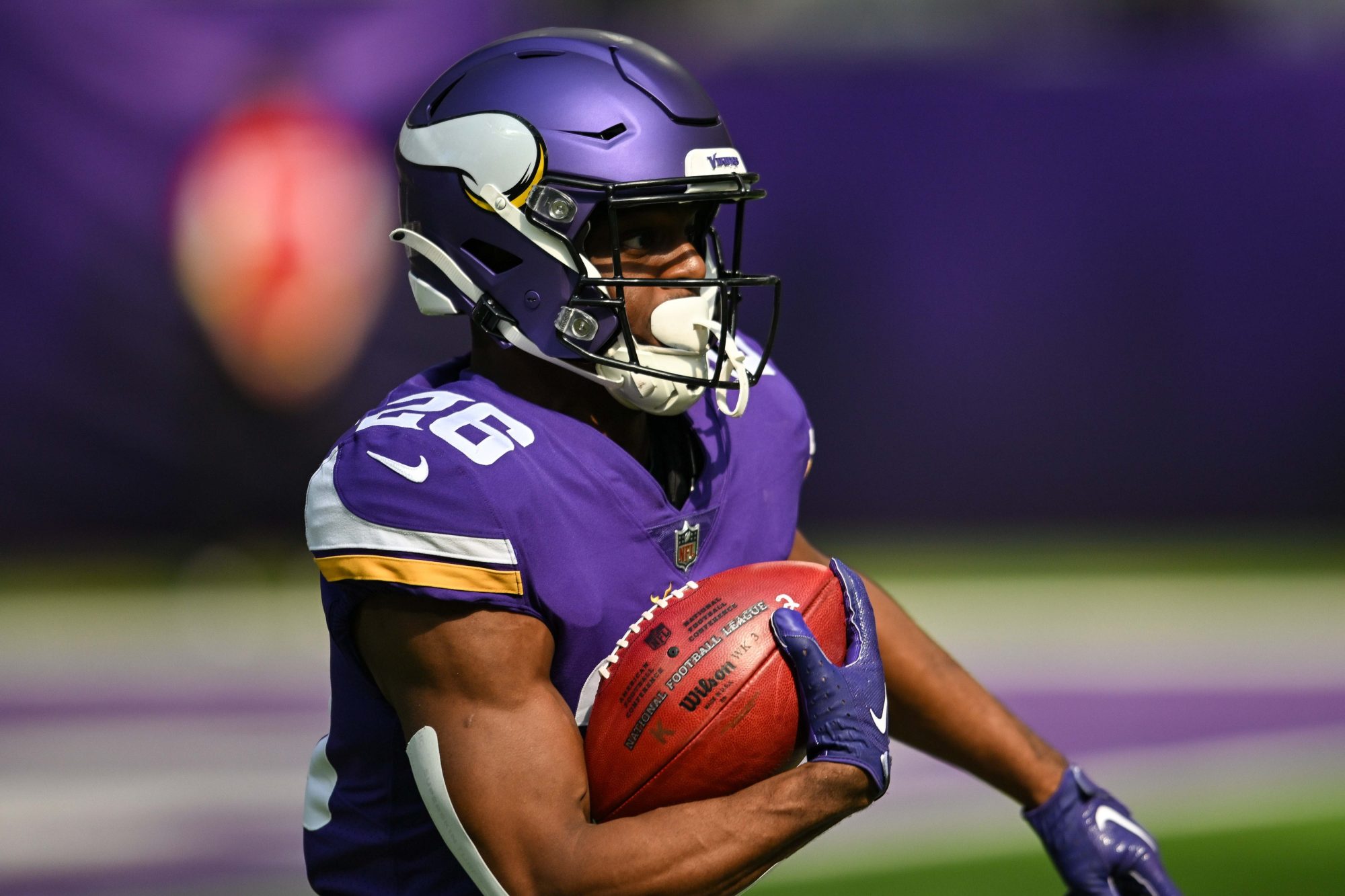 Sep 25, 2022; Minneapolis, Minnesota, USA; Minnesota Vikings running back Kene Nwangwu (26) in action against the Detroit Lions at U.S. Bank Stadium.