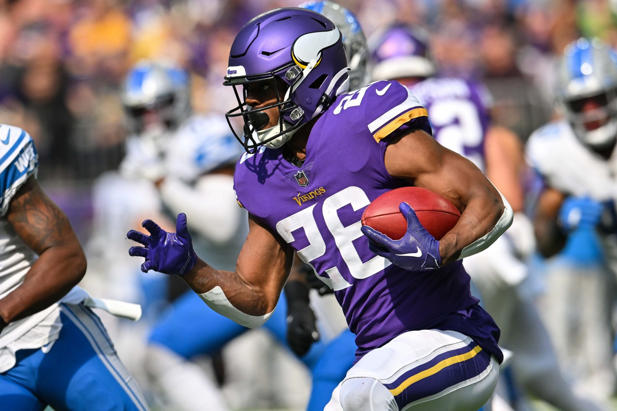 Sep 25, 2022; Minneapolis, Minnesota, USA; Minnesota Vikings running back Kene Nwangwu (26) in action against the Detroit Lions at U.S. Bank Stadium.