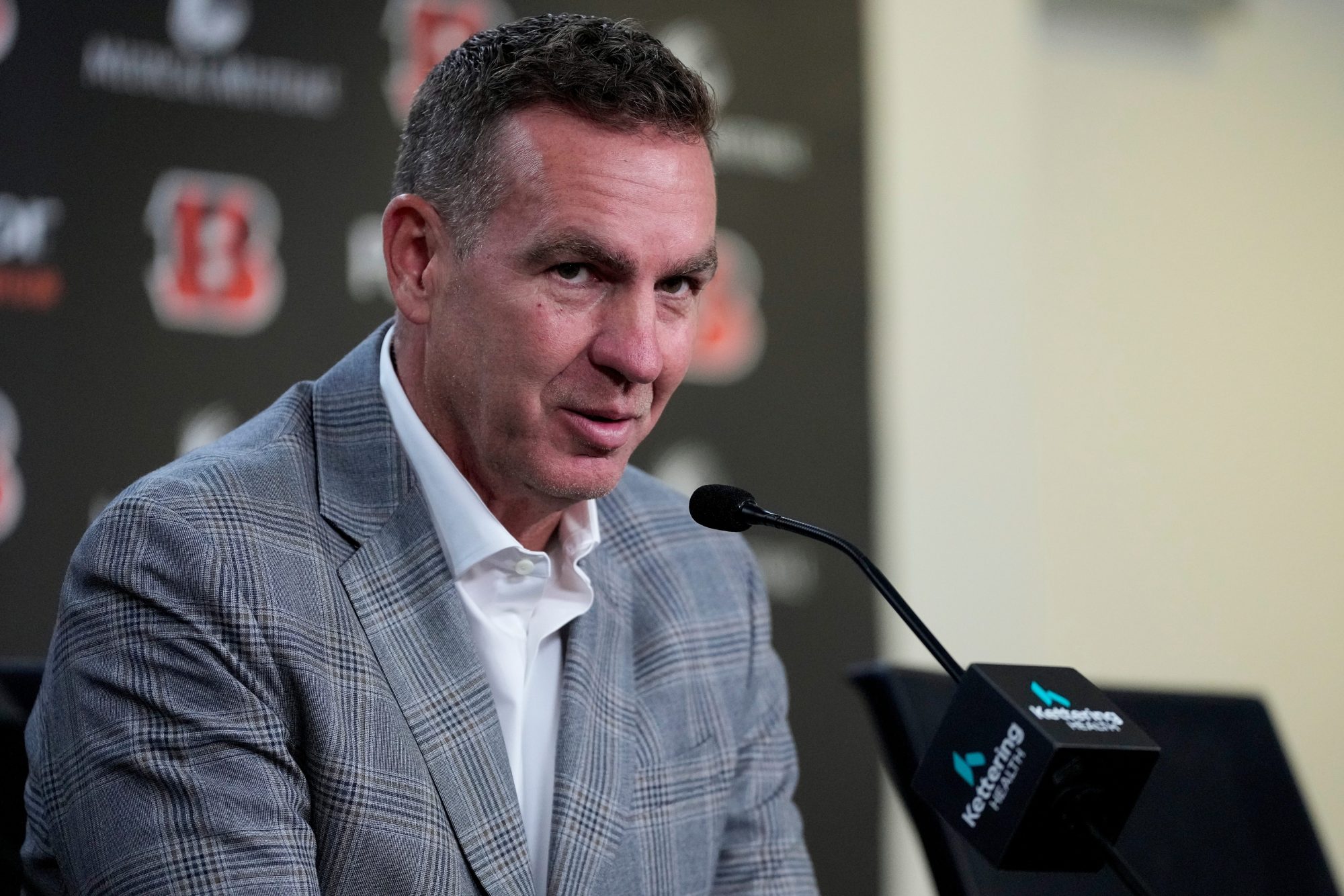 Cincinnati Bengals head coach Zac Taylor and defensive coordinator Lou Anarumo give a press conference following the team’s pick of Michigan cornerback DJ Turner II in the second round of the NFL Draft at Paycor Stadium in downtown Cincinnati on Friday, April 28, 2023.