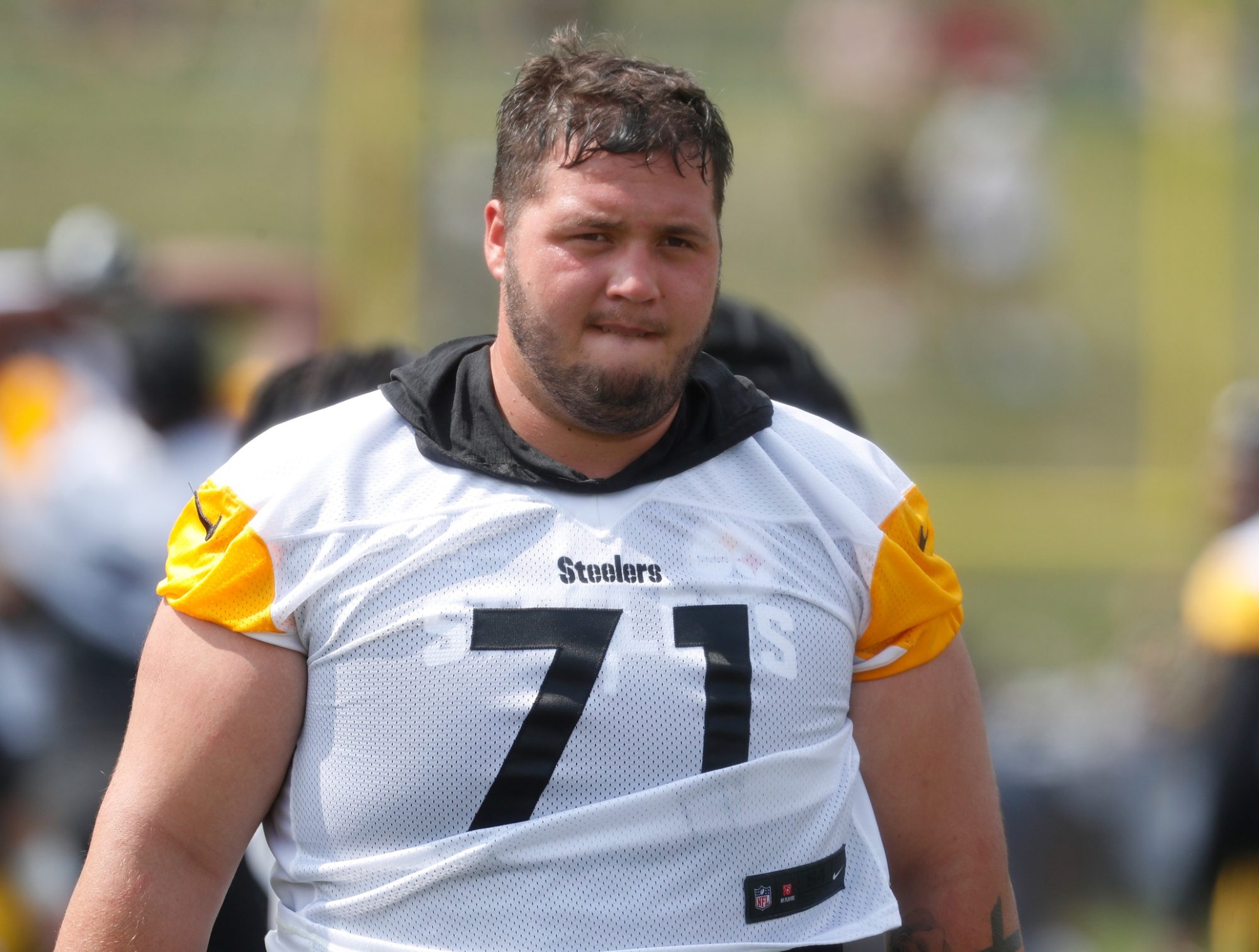 Jul 27, 2023; Latrobe, PA, USA; Pittsburgh Steelers guard Nate Herbig (71) participates in drills during training camp at Saint Vincent College.