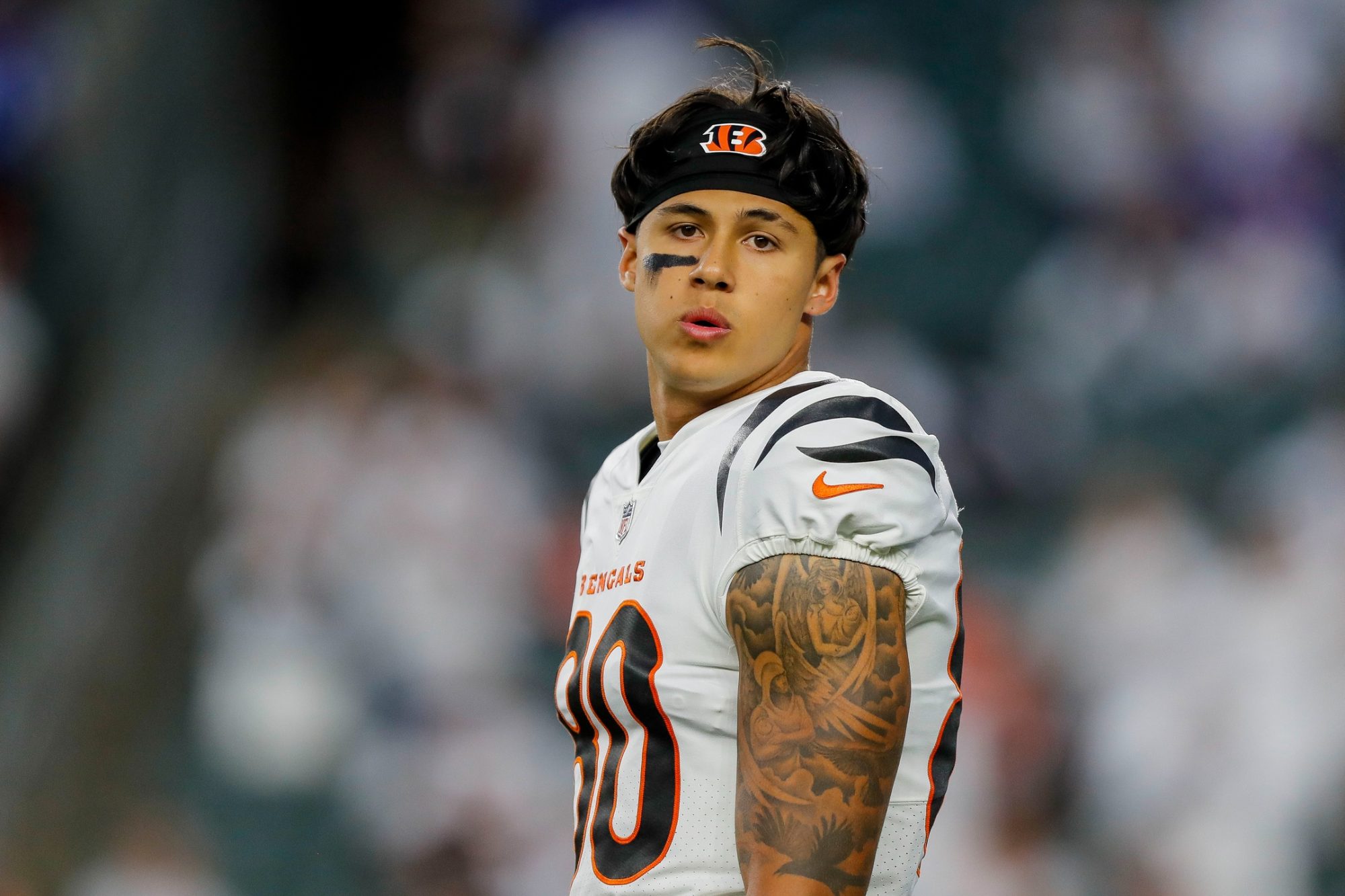 Sep 25, 2023; Cincinnati, Ohio, USA; Cincinnati Bengals wide receiver Andrei Iosivas (80) stands on the field during warmups before the game against the Los Angeles Rams at Paycor Stadium.