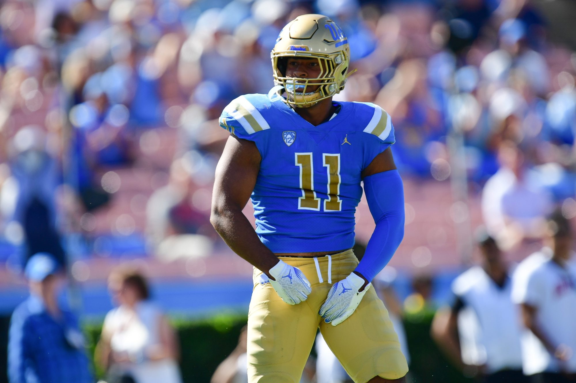 Oct 7, 2023; Pasadena, California, USA; UCLA Bruins defensive lineman Gabriel Murphy (11) celebrates after sacking Washington State Cougars quarterback Cameron Ward (1) during the second half at Rose Bowl.