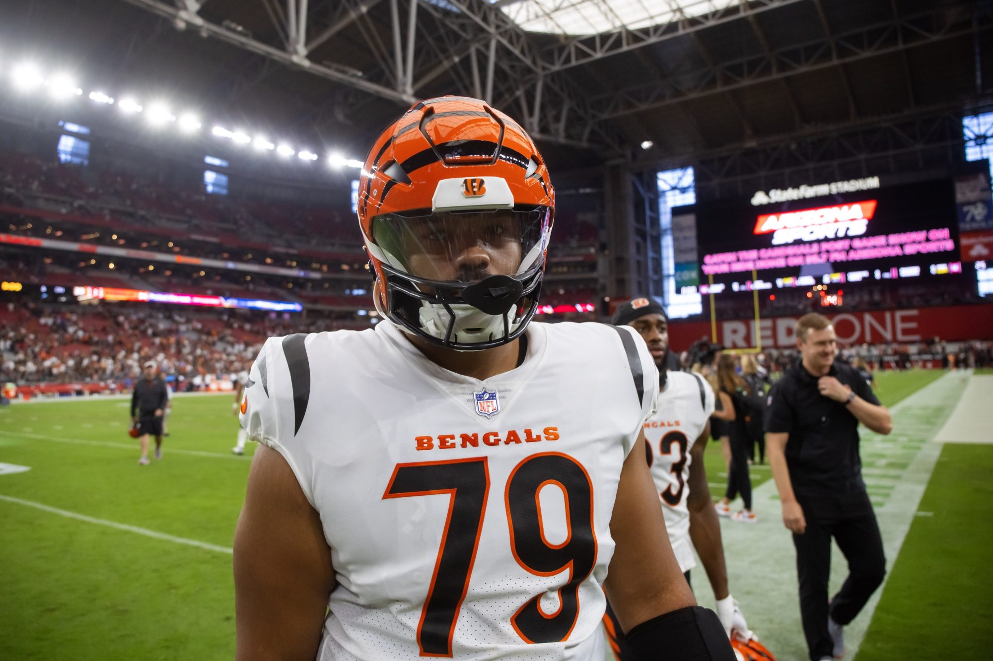 Oct 8, 2023; Glendale, Arizona, USA; Cincinnati Bengals offensive tackle Jackson Carman (79) against the Arizona Cardinals at State Farm Stadium.