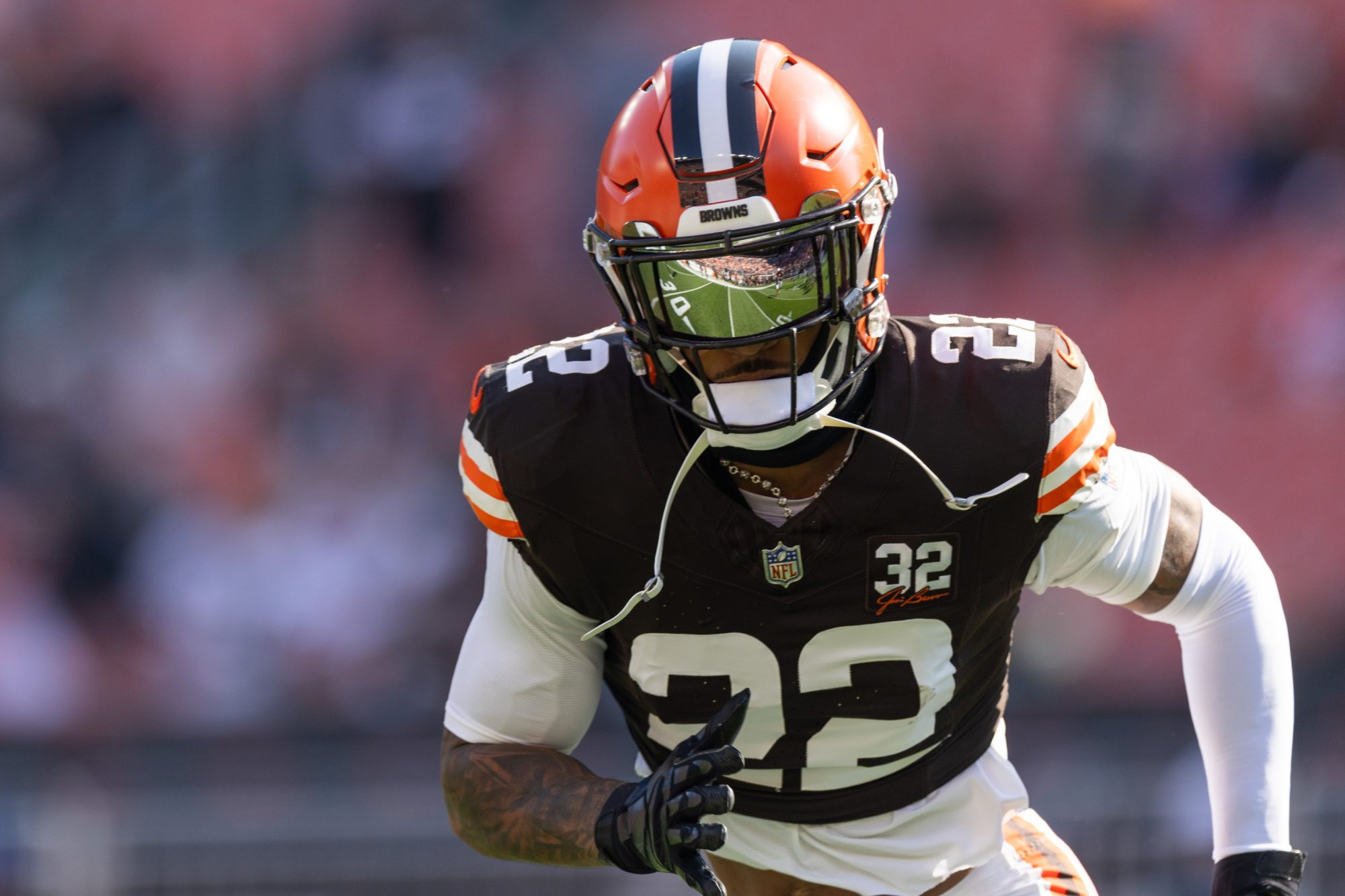 Nov 5, 2023; Cleveland, Ohio, USA; The field is reflected in the visor of Cleveland Browns safety Grant Delpit (22) during warm ups before the game against the Arizona Cardinals at Cleveland Browns Stadium.