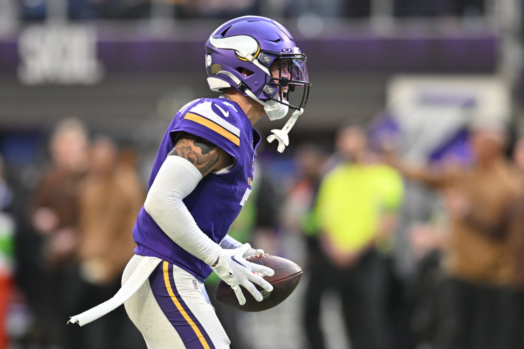 Nov 12, 2023; Minneapolis, Minnesota, USA; Minnesota Vikings cornerback Byron Murphy Jr. (7) reacts after his interception against the New Orleans Saints during the fourth quarter at U.S. Bank Stadium.