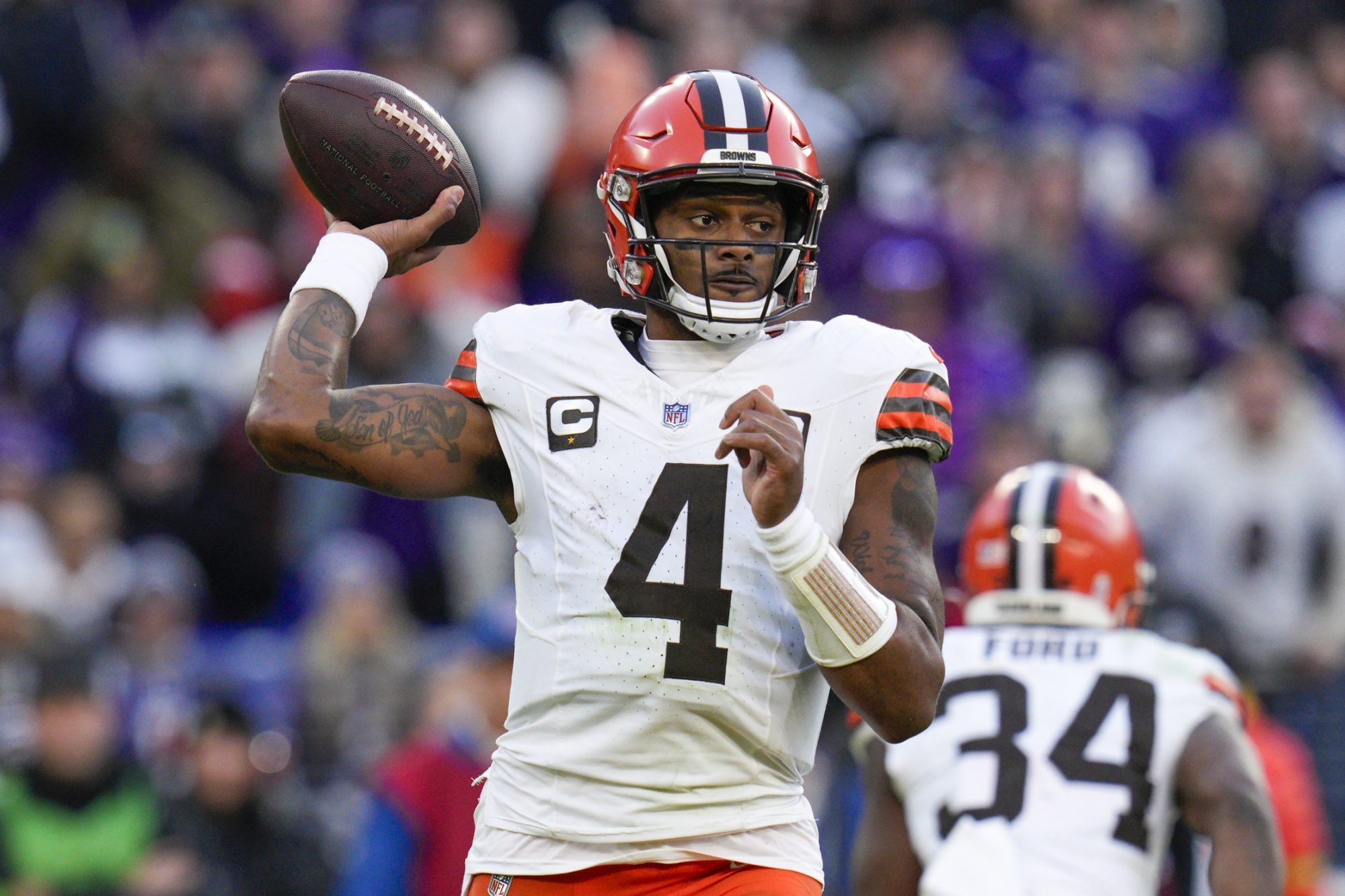 Nov 12, 2023; Baltimore, Maryland, USA; Cleveland Browns quarterback Deshaun Watson (4) passes against the Baltimore Ravens during the second half at M&T Bank Stadium.