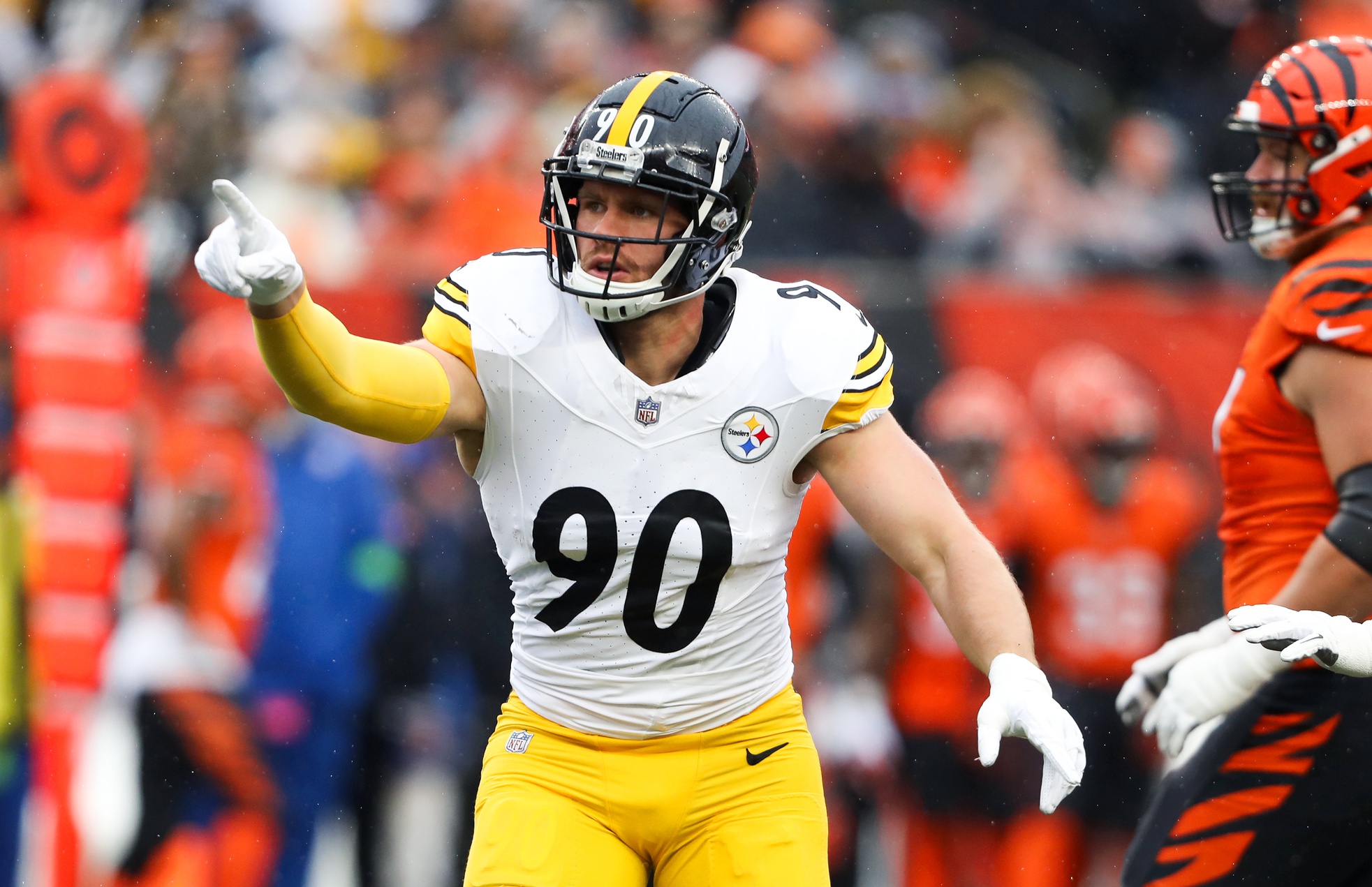 Nov 26, 2023; Cincinnati, Ohio, USA; Pittsburgh Steelers linebacker T.J. Watt (90) celebrates his sack of Cincinnati Bengals quarterback Jake Browning (not pictured) during the first quarter at Paycor Stadium.