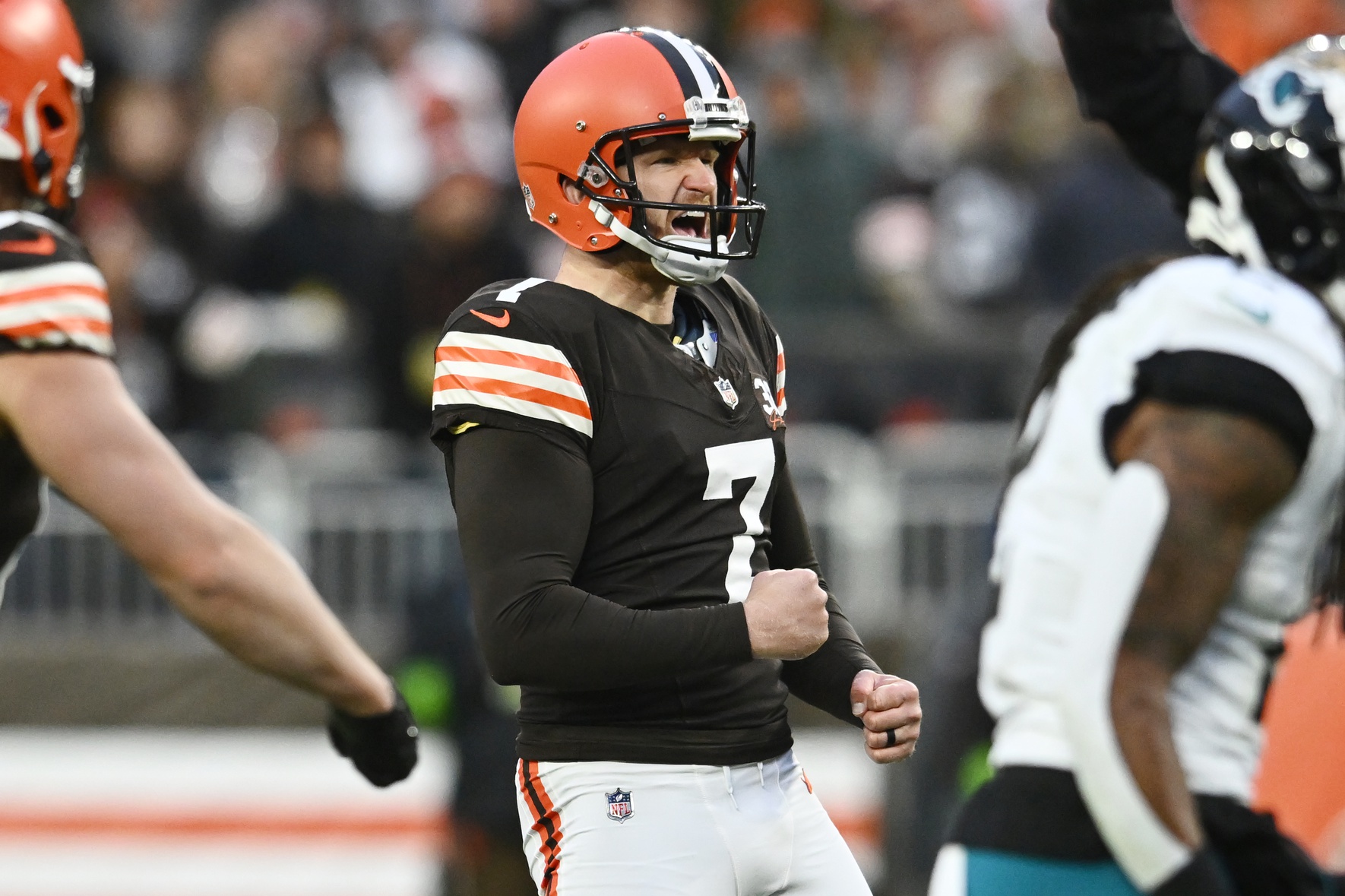 Dec 10, 2023; Cleveland, Ohio, USA; Cleveland Browns place kicker Dustin Hopkins (7) celebrates after kicking a field goal during the fourth quarter against the Jacksonville Jaguars at Cleveland Browns Stadium.