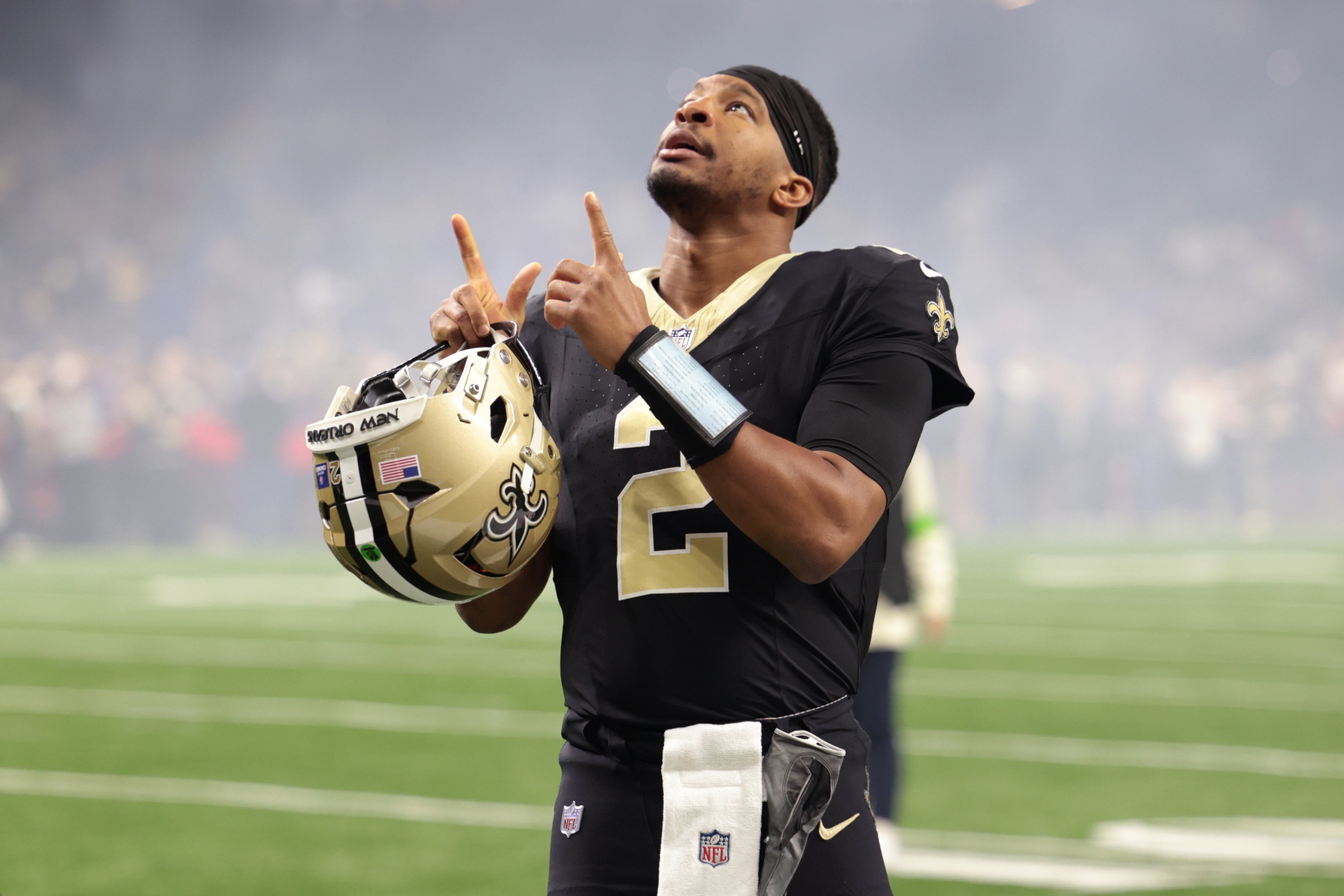 Dec 17, 2023; New Orleans, Louisiana, USA; New Orleans Saints quarterback Jameis Winston (2) gestures before the game against the New York Giants at Caesars Superdome.