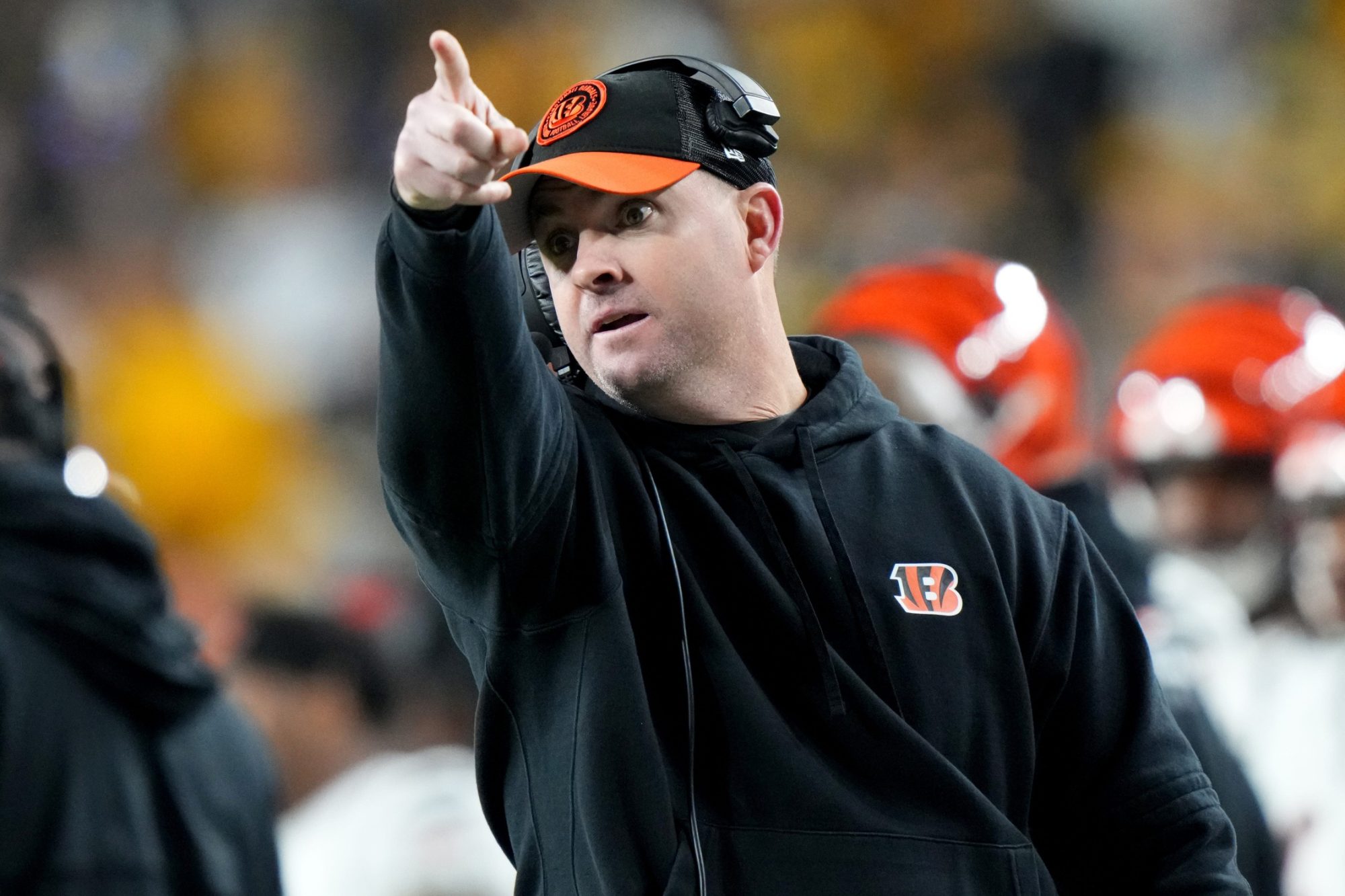 Cincinnati Bengals head coach Zac Taylor reacts to a replay of a play in the end zone in the second quarter during a Week 16 NFL football game between the Cincinnati Bengals and the Pittsburgh Steelersl, Saturday, Dec. 23, 2023, at Acrisure Stadium in Pittsburgh, Pa.