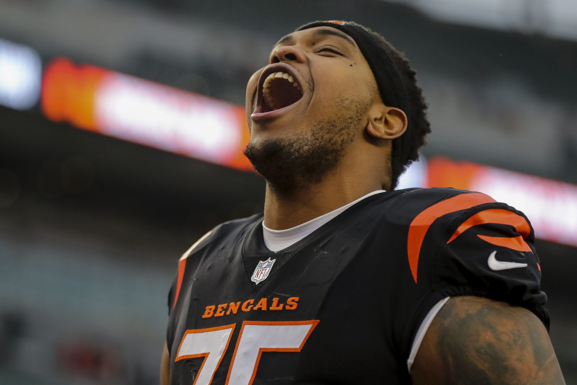 Jan 7, 2024; Cincinnati, Ohio, USA; Cincinnati Bengals offensive tackle Orlando Brown Jr. (75) reacts after the victory over the Cleveland Browns at Paycor Stadium.