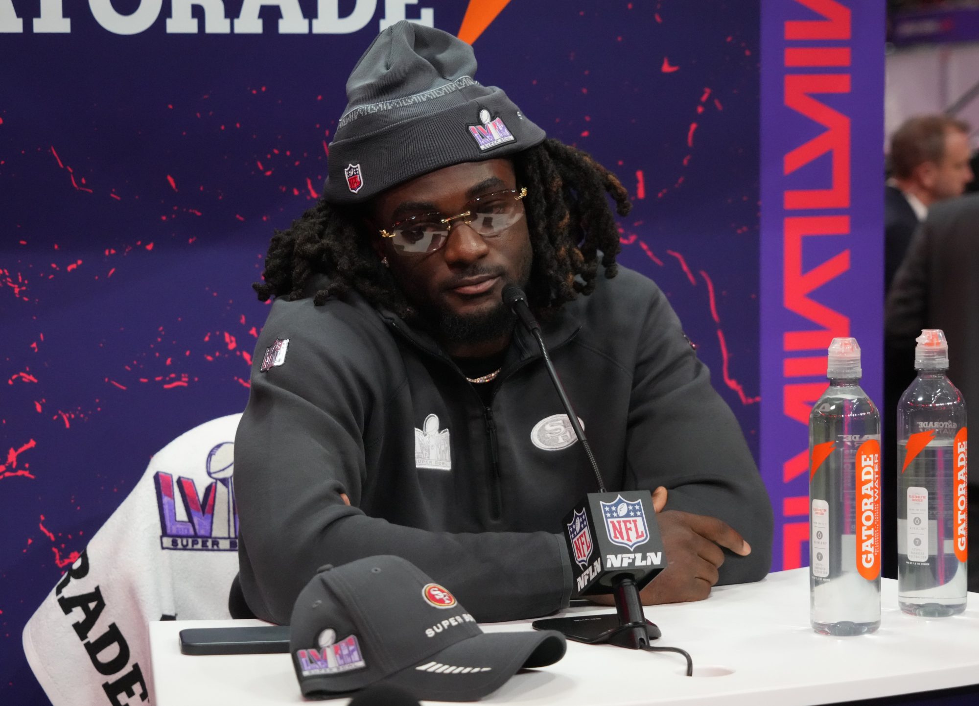 Feb 5, 2024; Las Vegas, NV, USA; San Francisco 49ers wide receiver Brandon Aiyuk (11) during Super Bowl LVIII Opening Night at Allegiant Stadium.