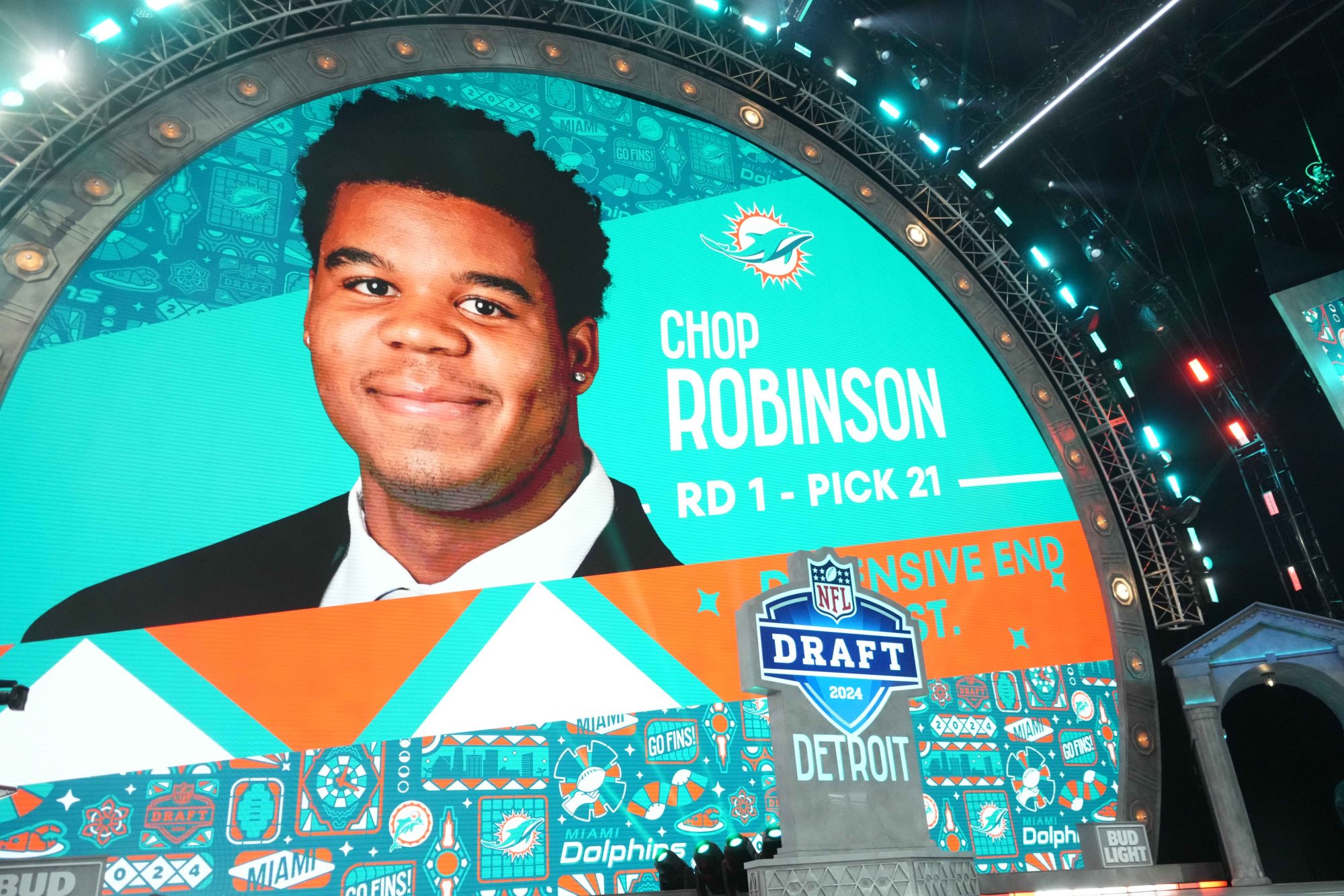 Apr 25, 2024; Detroit, MI, USA; Penn State Nittany Lions defensive end Chop Robinson is selected as the No. 22 pick of the first round by the Miami Dolphins during the 2024 NFL Draft at Campus Martius Park and Hart Plaza.