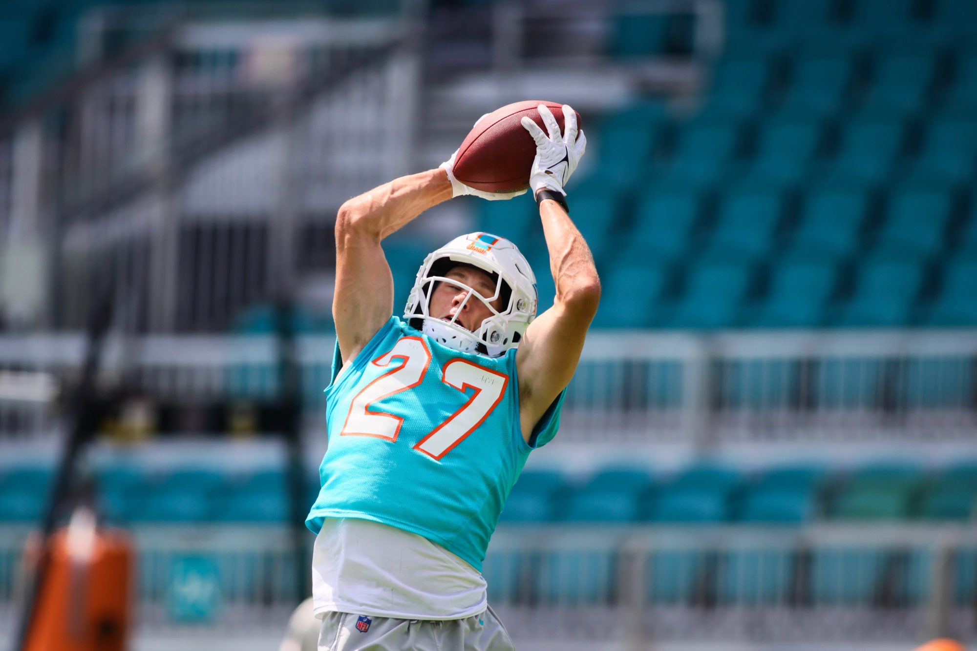 Jun 4, 2024; Miami Gardens, FL, USA; Miami Dolphins cornerback Ethan Bonner (27) catches the football during mandatory minicamp at Baptist Health Training Complex.