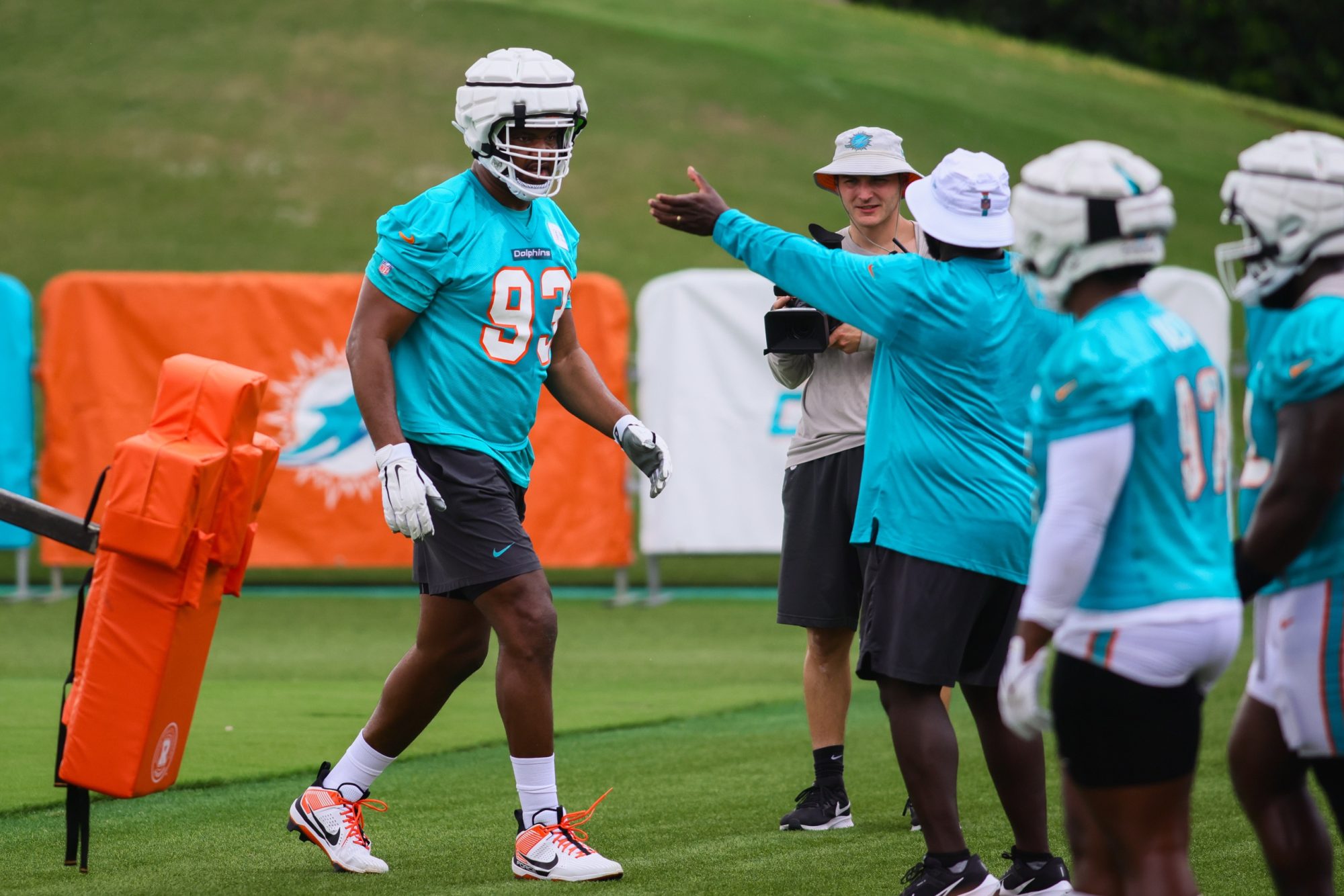 Jul 24, 2024; Miami Gardens, FL, USA; Miami Dolphins defensive tackle Calais Campbell (93) works out during training camp at Baptist Health Training Complex.