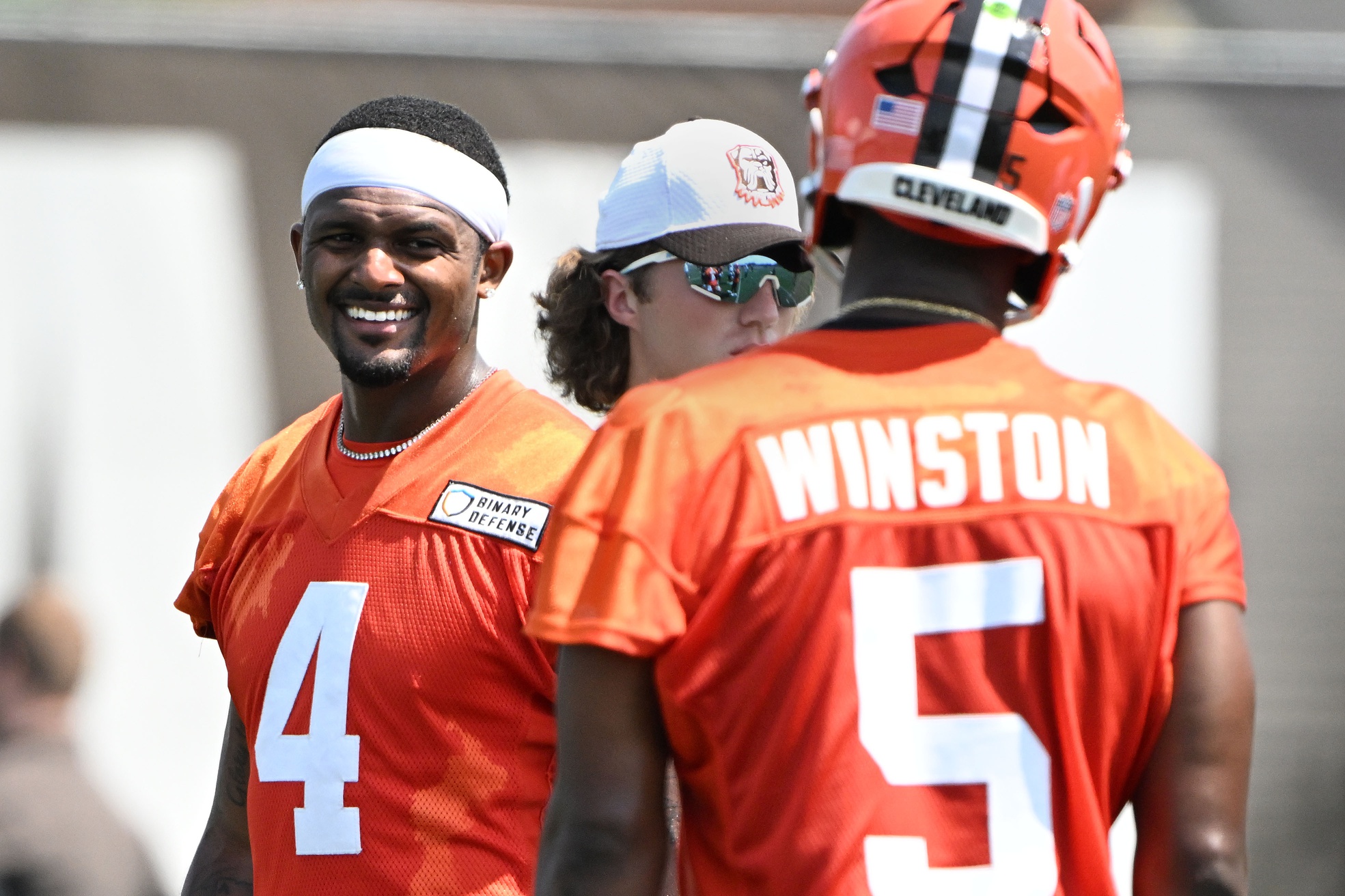 Aug 4, 2024; Cleveland Browns quarterback Deshaun Watson (4) with quarterback Jameis Winston (5) during practice at the Browns training facility in Berea, Ohio.