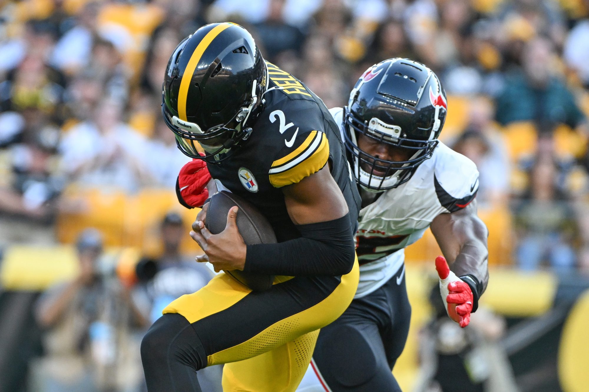 Aug 9, 2024; Pittsburgh, Pennsylvania, USA; Houston Texans defensive end Danielle Hunter (55) sacks Pittsburgh Steelers quarterback Justin Fields (2) during the first quarter at Acrisure Stadium.