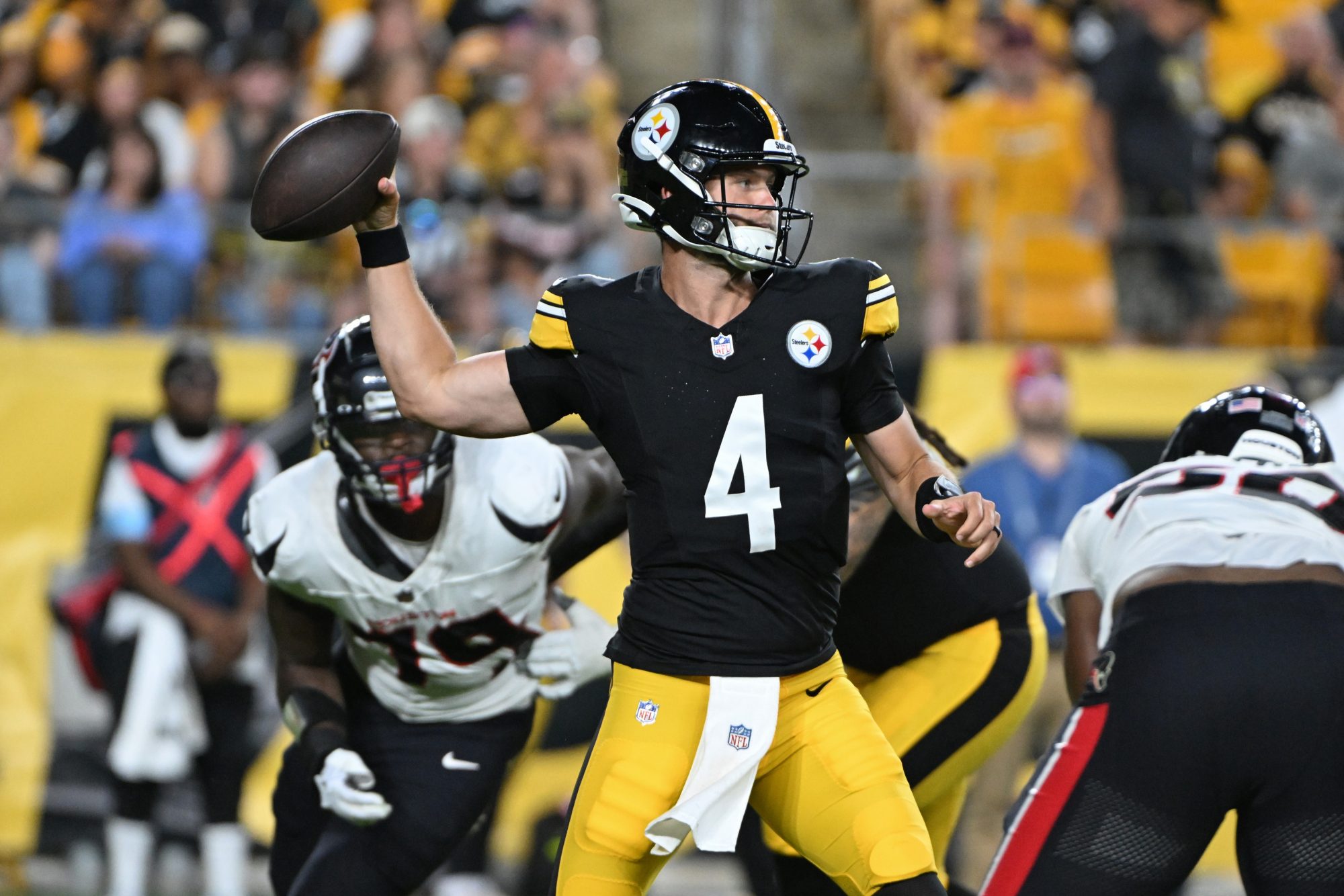 Aug 9, 2024; Pittsburgh, Pennsylvania, USA; Pittsburgh Steelers quarterback Kyle Allen throws a pass against the Houston Texans during the fourth quarter at Acrisure Stadium.