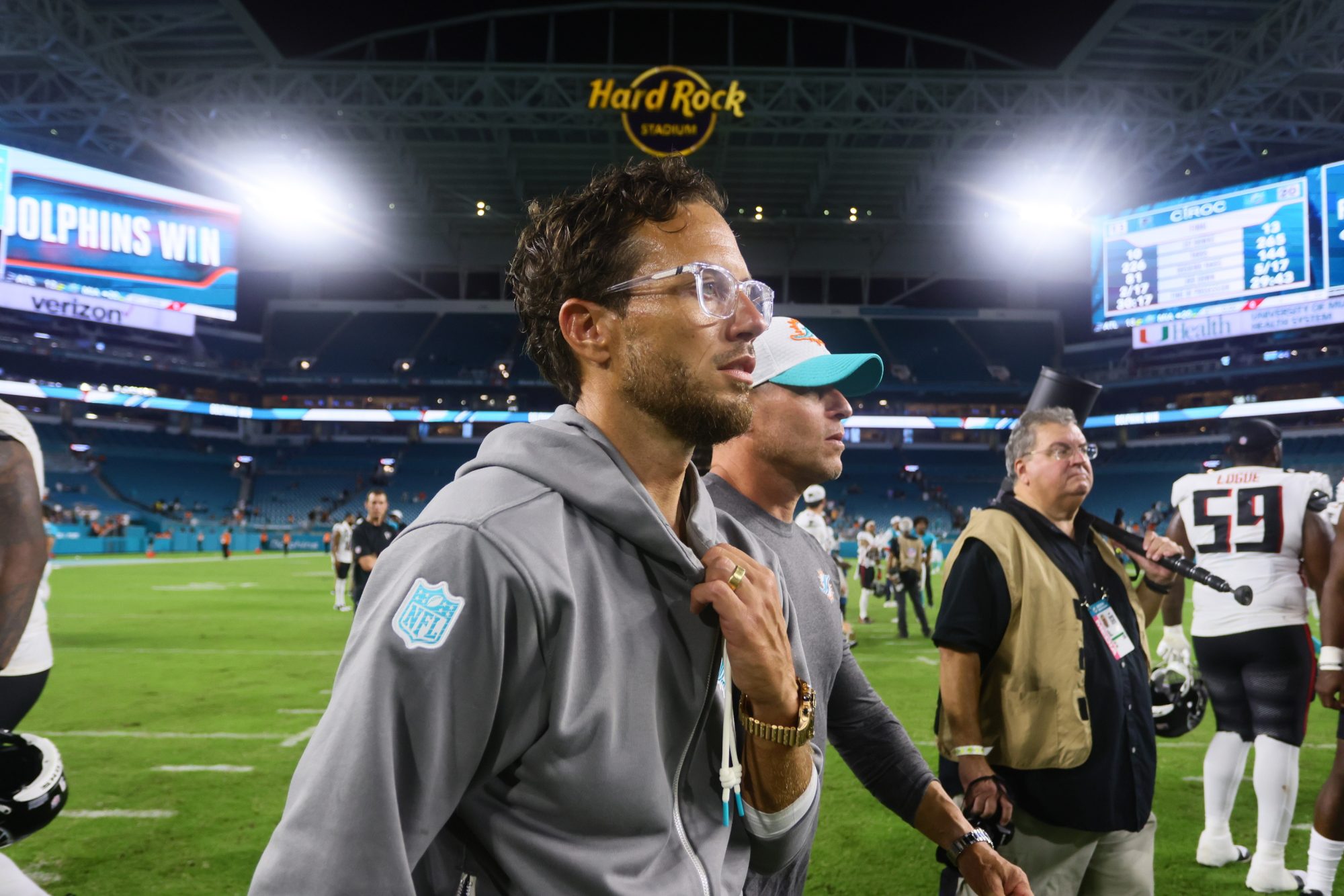 Aug 9, 2024; Miami Gardens, Florida, USA; Miami Dolphins head coach Mike McDaniel looks on after the game against the Atlanta Falcons at Hard Rock Stadium.