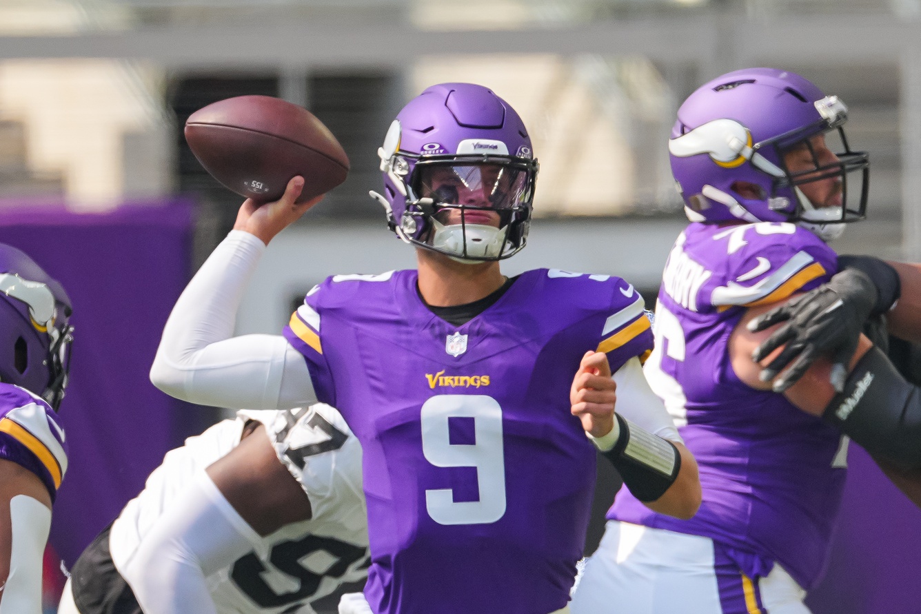 Aug 10, 2024; Minneapolis, Minnesota, USA; Minnesota Vikings quarterback J.J. McCarthy (9) passes against the Las Vegas Raiders in the second quarter at U.S. Bank Stadium.