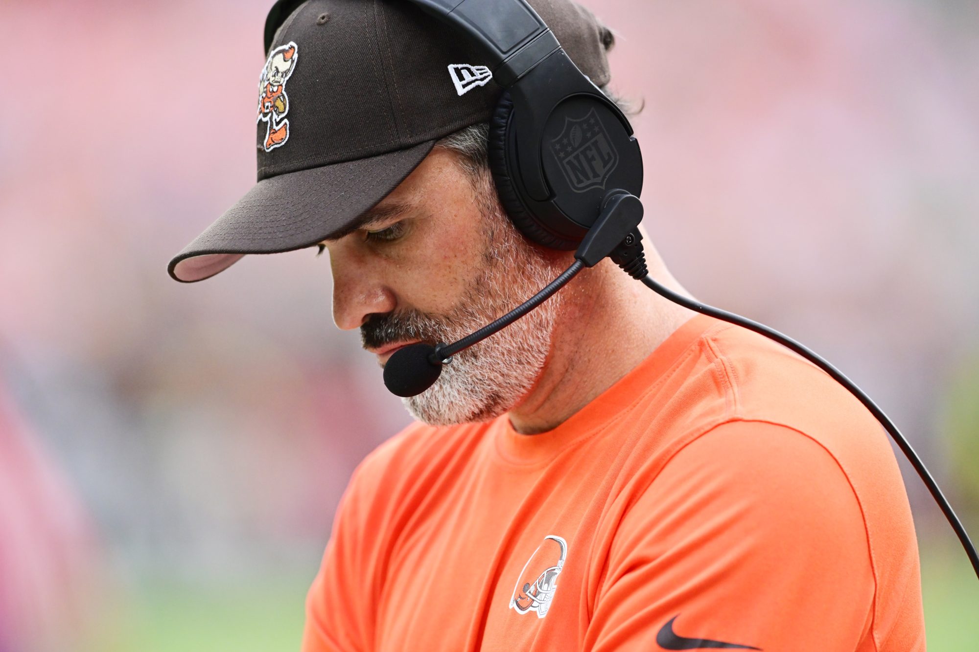 Aug 10, 2024; Cleveland, Ohio, USA; Cleveland Browns head coach Kevin Stefanski during the second half against the Green Bay Packers at Cleveland Browns Stadium.