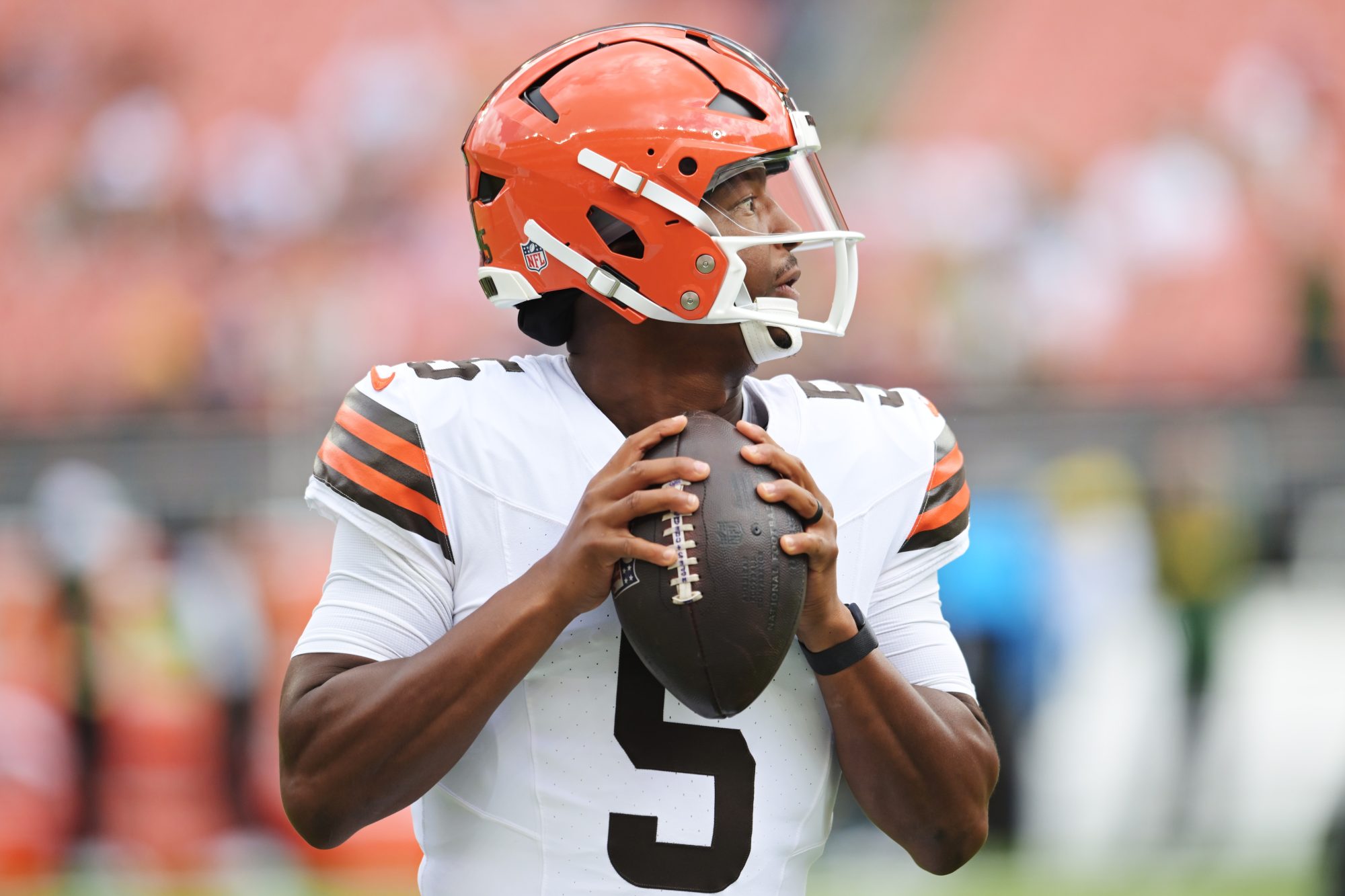 Aug 10, 2024; Cleveland, Ohio, USA; Cleveland Browns quarterback Jameis Winston (5) before the game against the Green Bay Packers at Cleveland Browns Stadium.