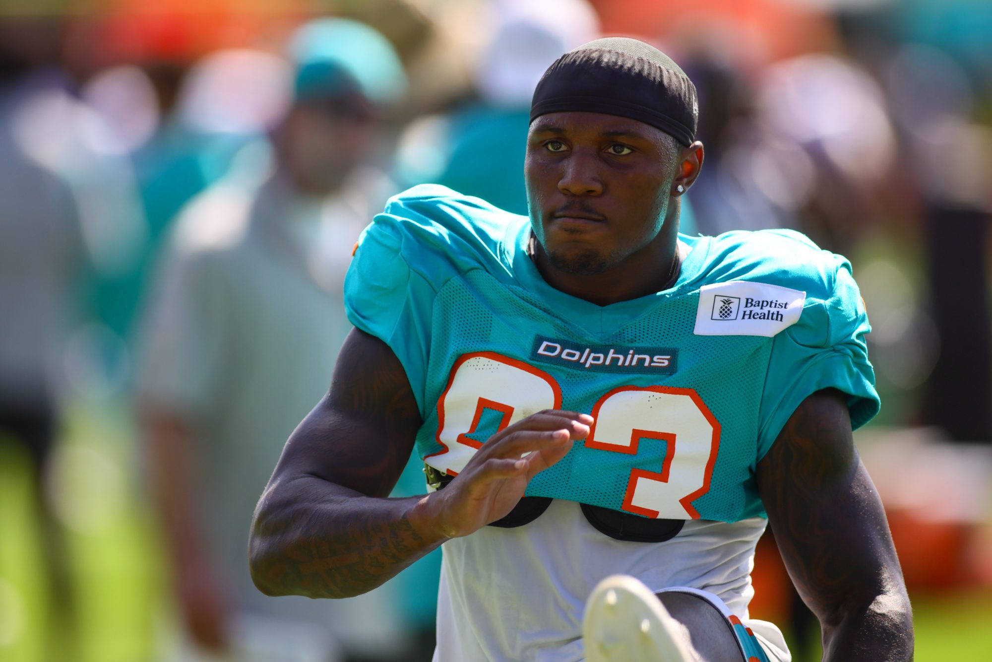 Aug 15, 2024; Miami Gardens, FL, USA; Miami Dolphins wide receiver Malik Washington (83) works out during joint practice with the Washington Commanders at Baptist Health Training Complex.