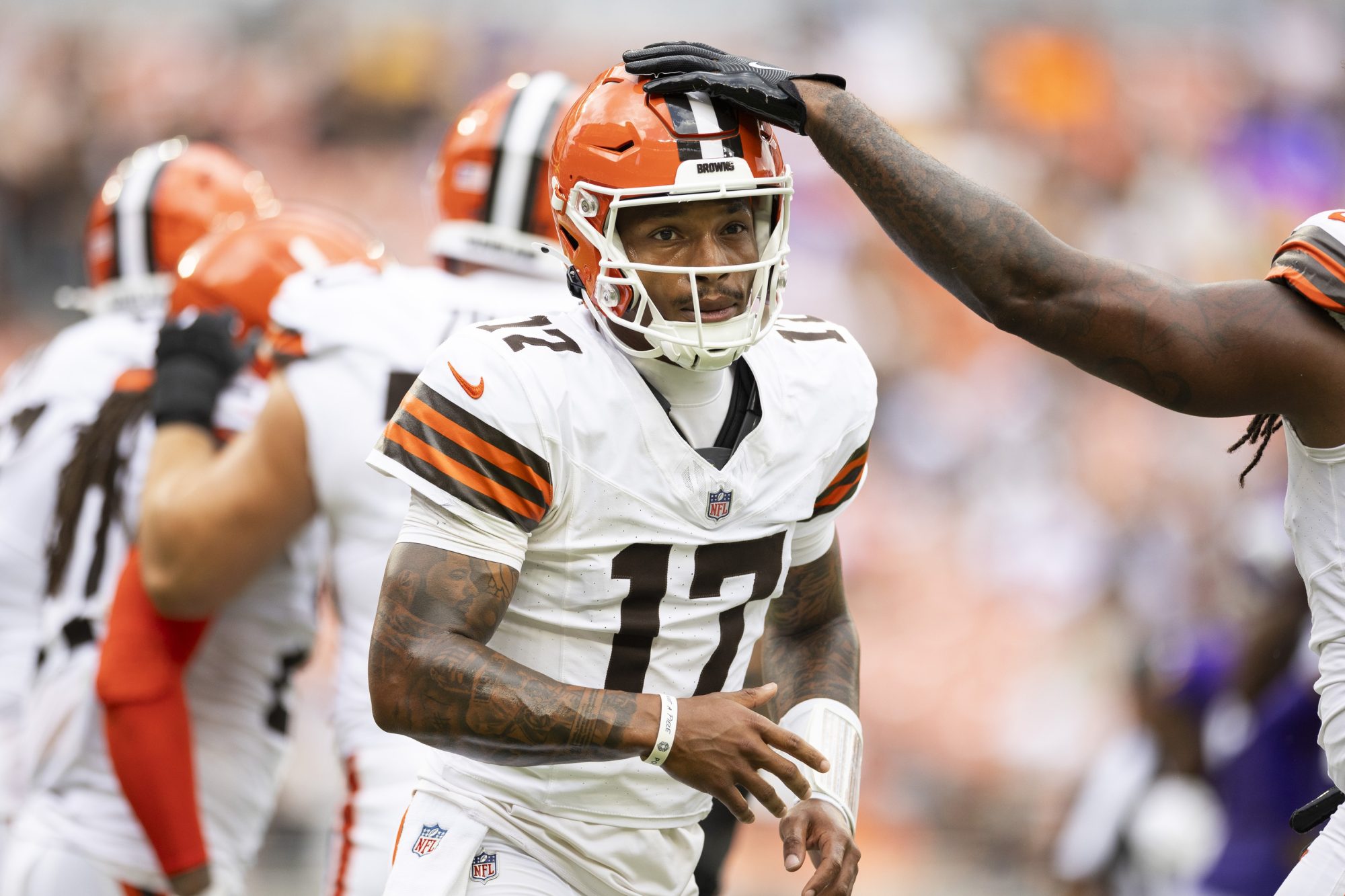 Aug 17, 2024; Cleveland, Ohio, USA; Cleveland Browns quarterback Dorian Thompson-Robinson (17) is congratulated for the team’s first quarter touchdown against the Minnesota Vikings at Cleveland Browns Stadium.