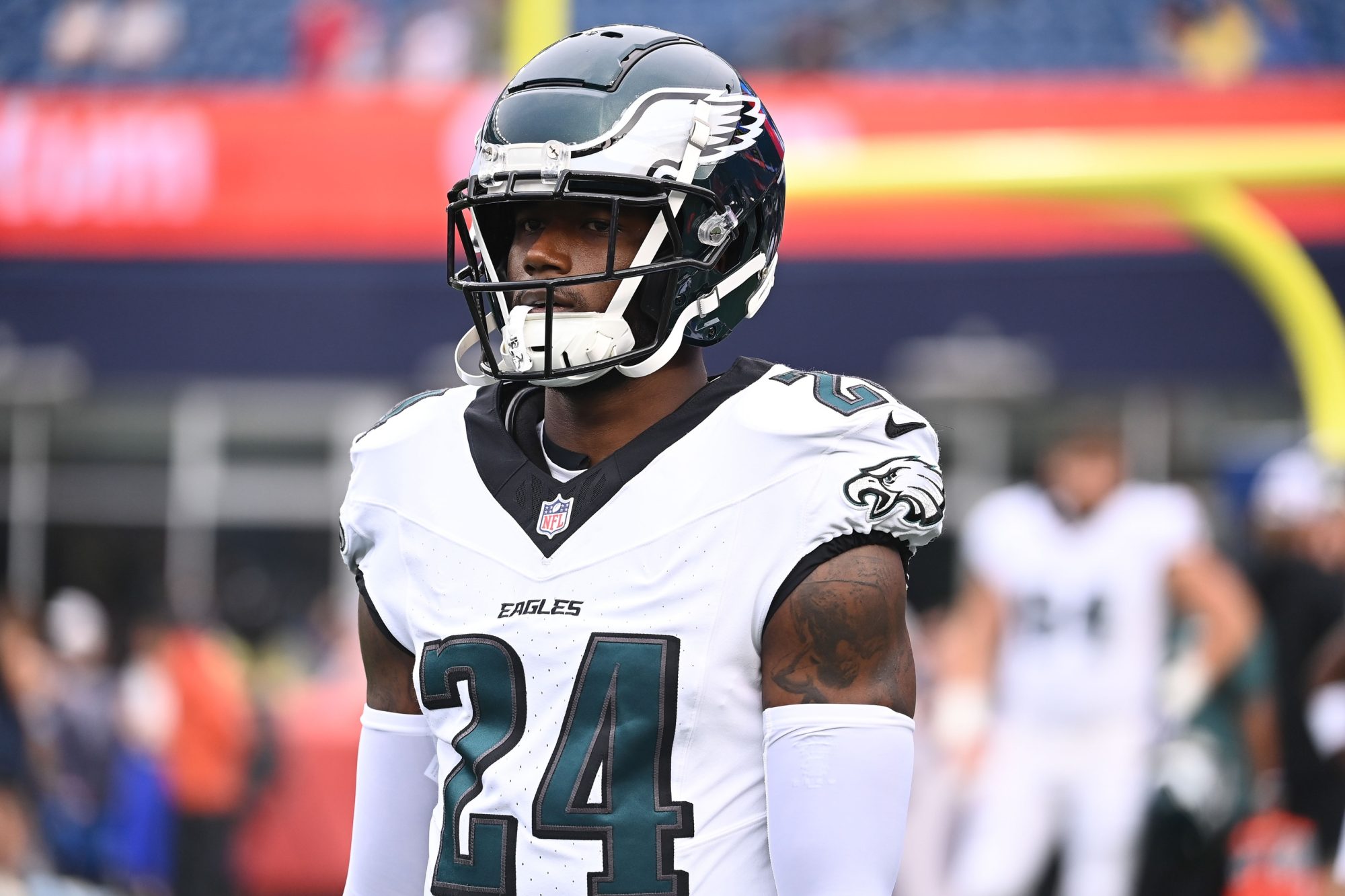 Aug 15, 2024; Foxborough, MA, USA; Philadelphia Eagles cornerback James Bradberry IV (24) warms up before a game against the New England Patriots at Gillette Stadium.