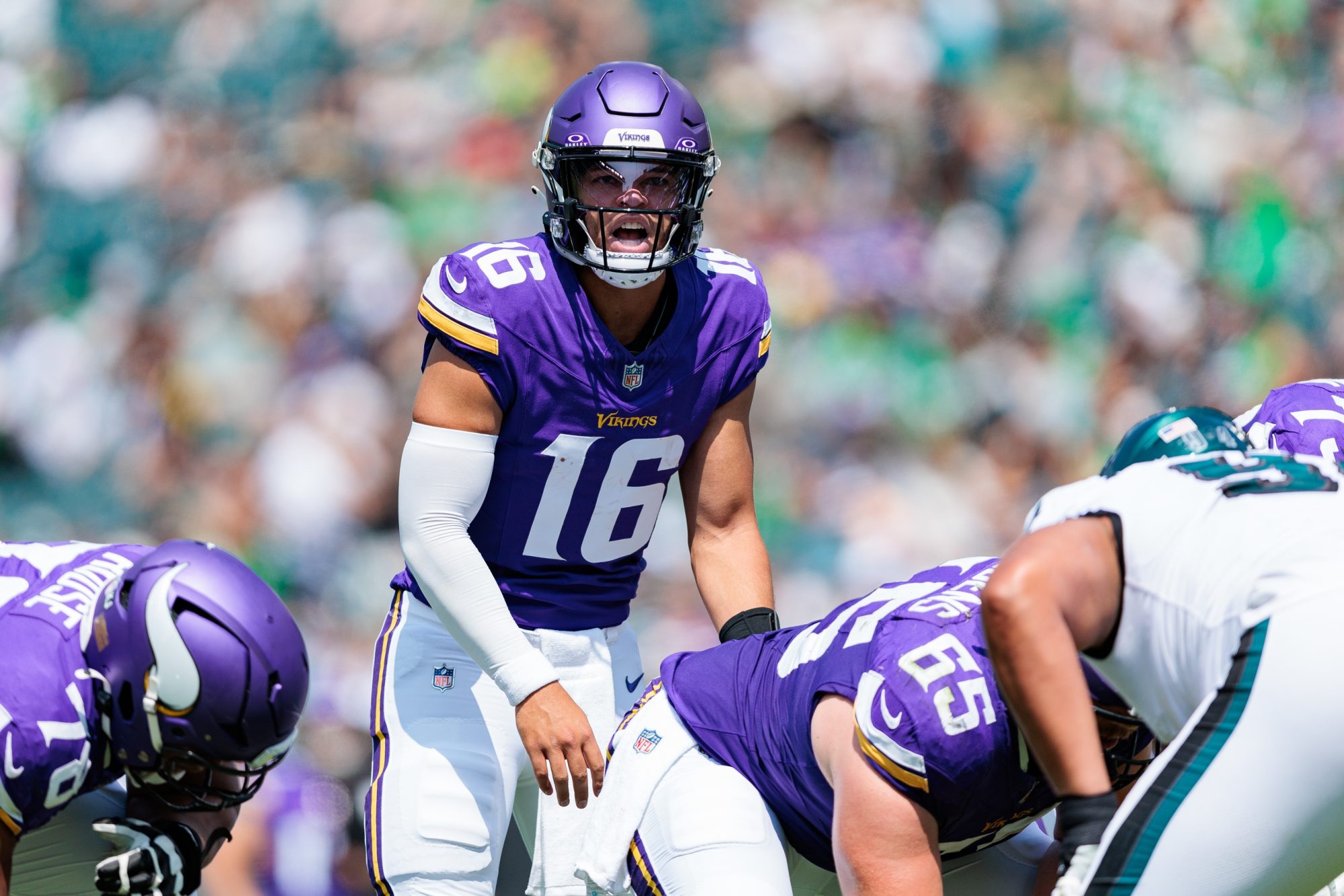 Aug 24, 2024; Philadelphia, Pennsylvania, USA; Minnesota Vikings quarterback Jaren Hall (16) calls out before the snap during the second quarter against the Philadelphia Eagles at Lincoln Financial Field.